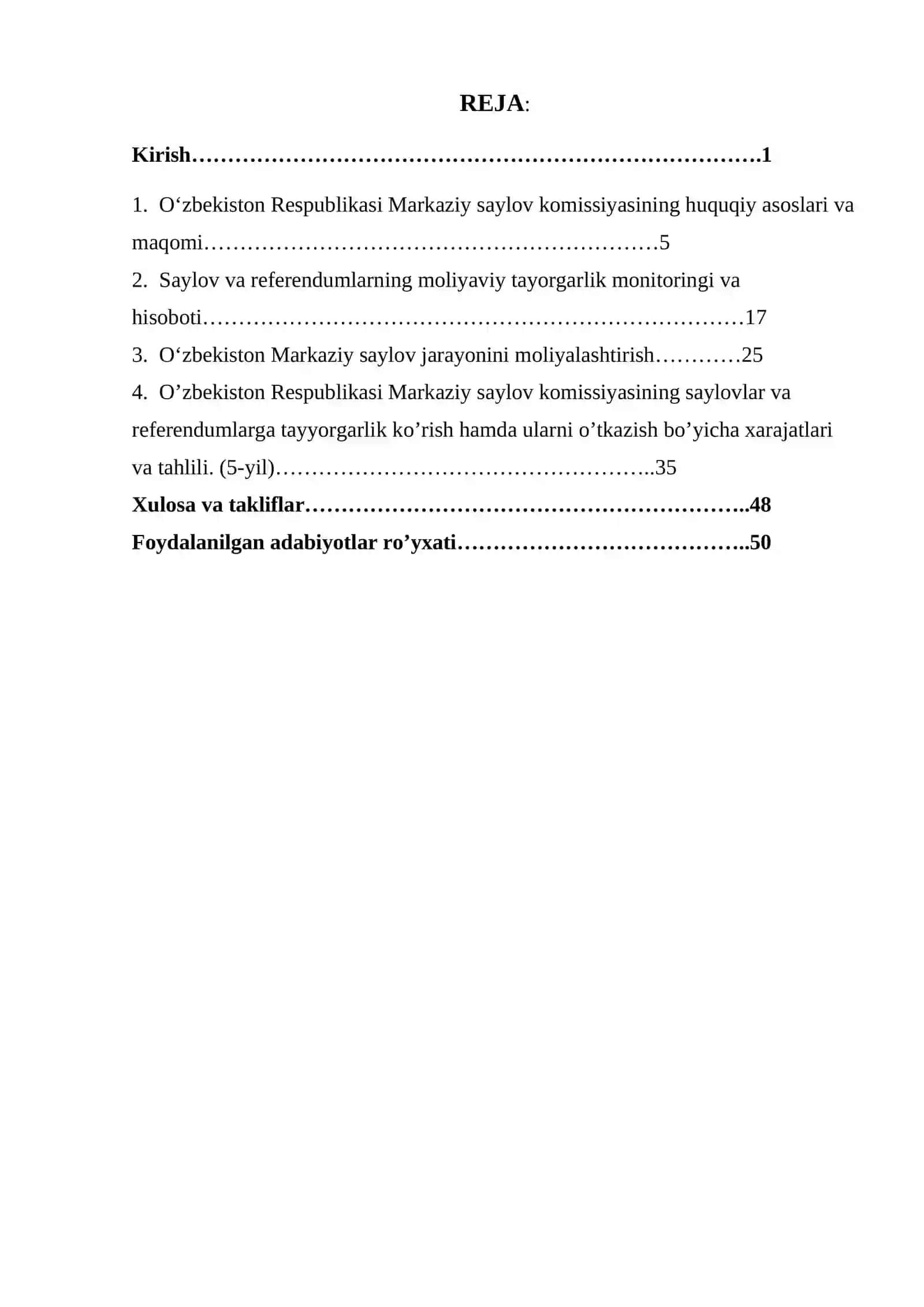 O’zbekiston Respublikasi Markaziy saylov komissiyasining saylovlar va referendumlarga tayyorgarlik ko’rish hamda ularni o’tkazish bo’yicha xarajatlari va ularni optimallashtirish mavzusida kurs ishi 2