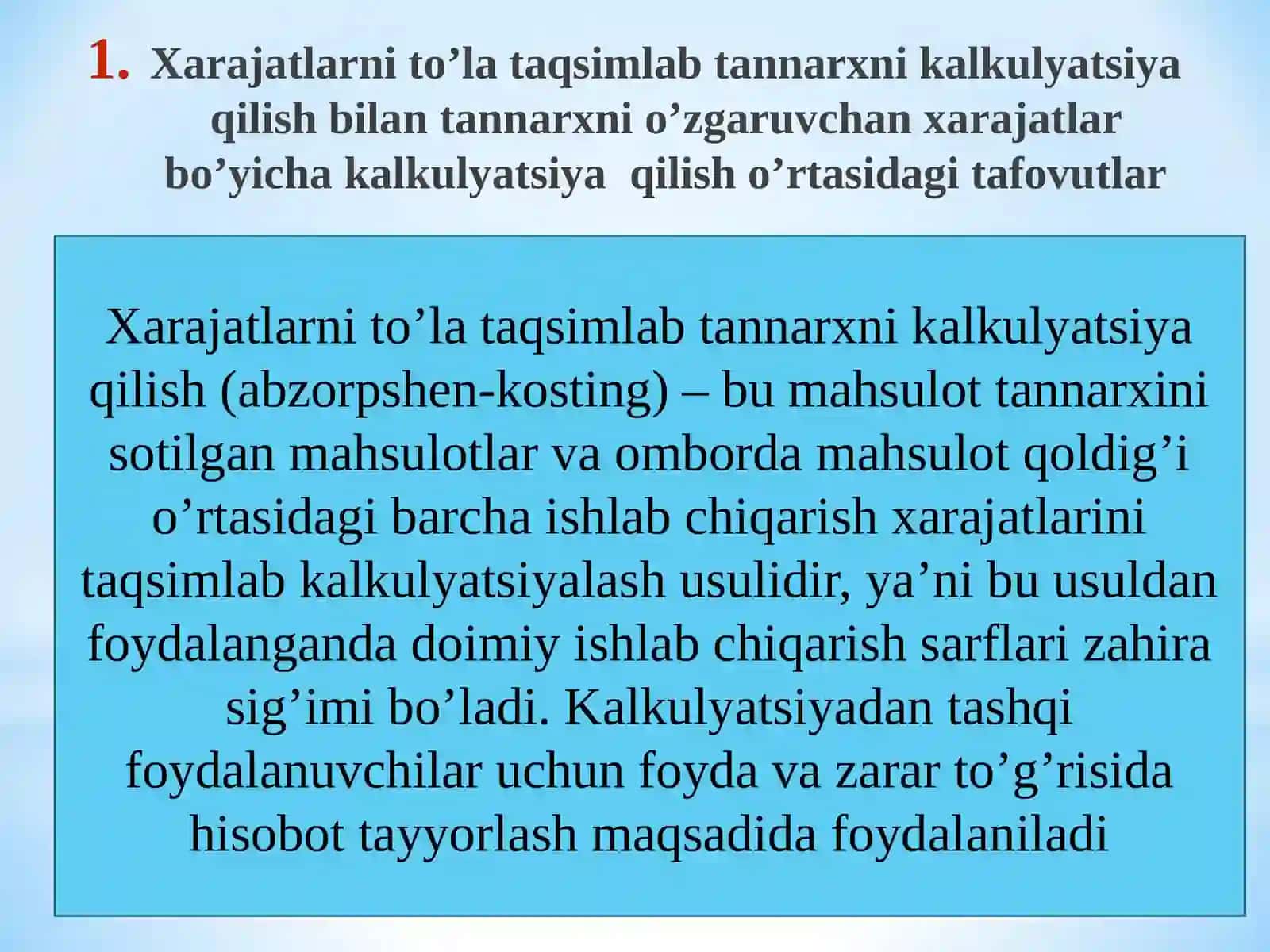 XARAJATLARNI TO’LA TAQSIMLAB VA O’ZGARUVCHAN XARAJATLAR BO’YICHA TANNARXNI KALKULYATSIYA QILISH USULI 2