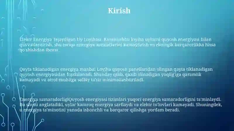 Elektr Energiya Tejaydigan Uy Loyihasi 2
