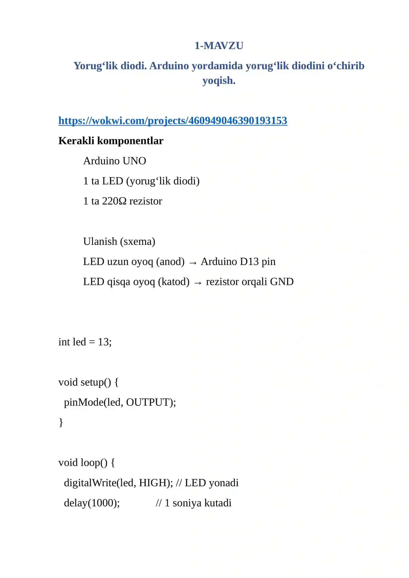 Yorug‘lik diodi. Arduino yordamida yorug‘lik diodini o‘chirib yoqish 2