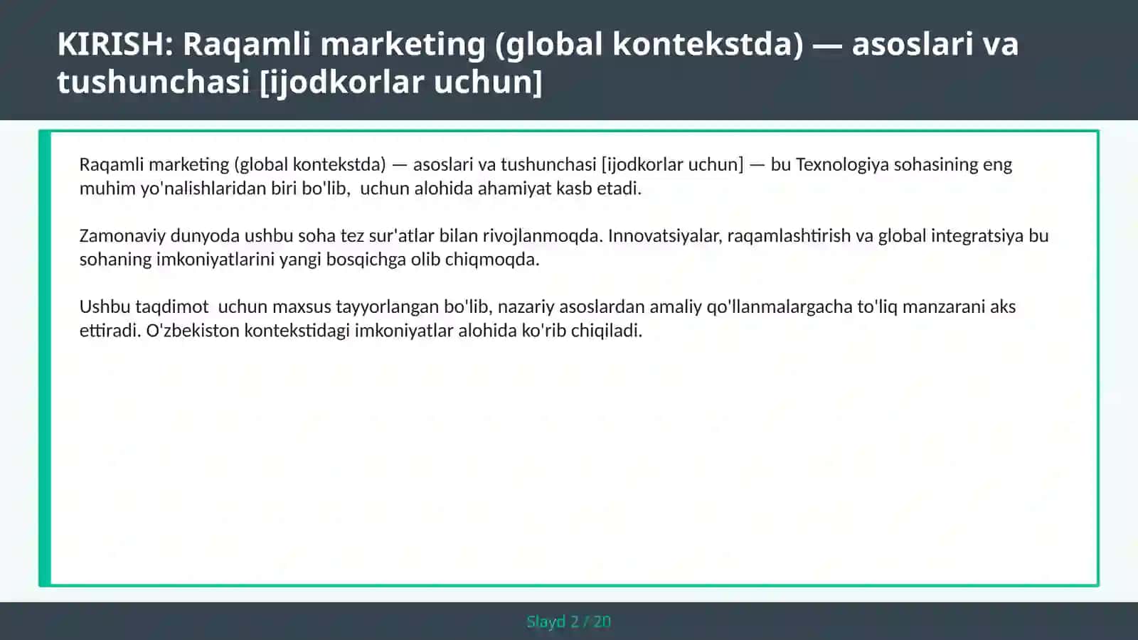 Raqamli marketing (global kontekstda) — asoslari va tushunchasi [IJODKORLAR UCHUN] 2