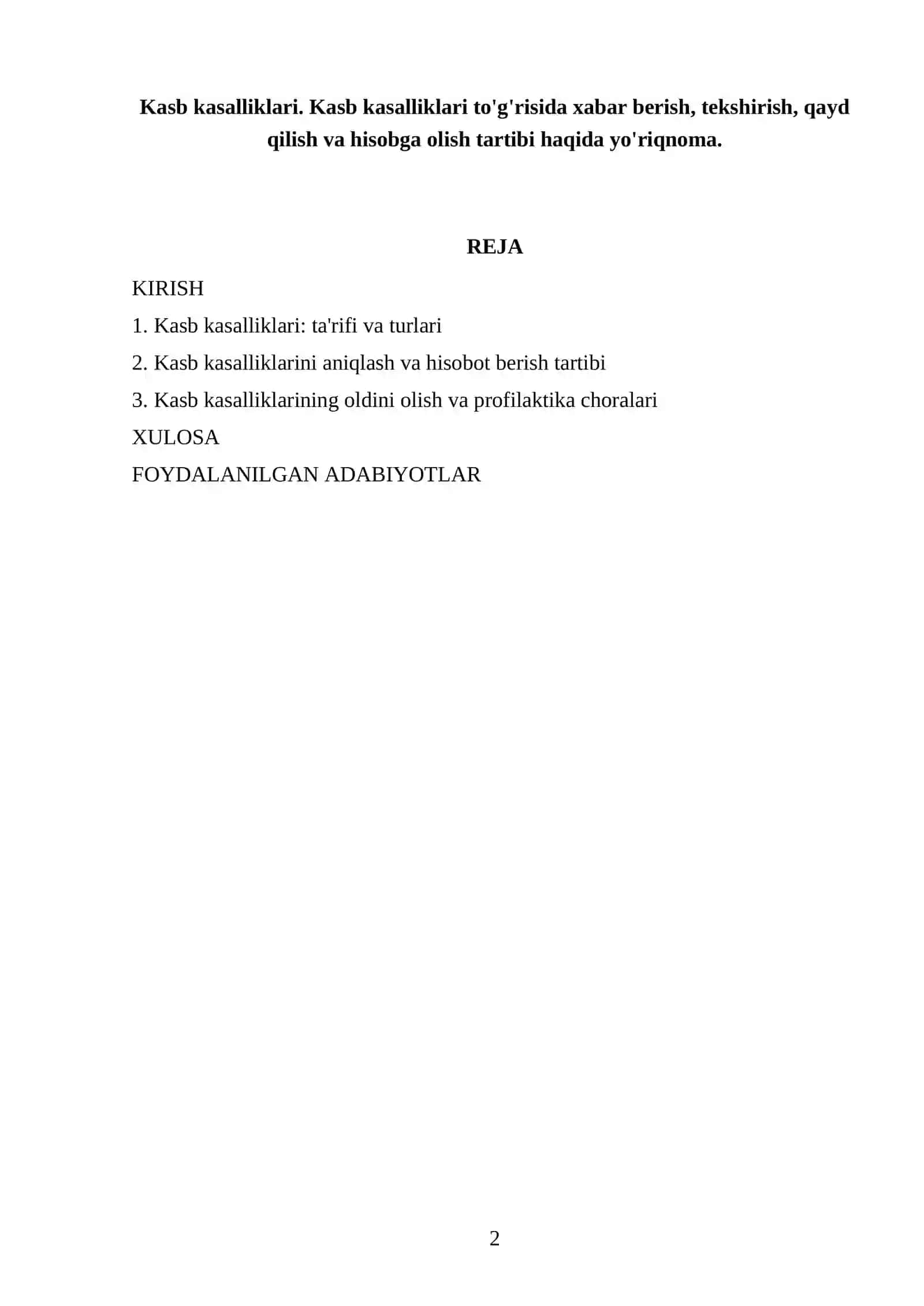 Kasb kasalliklari. Xabar berish, hisobga olish tartibi yo'riqnoma 2