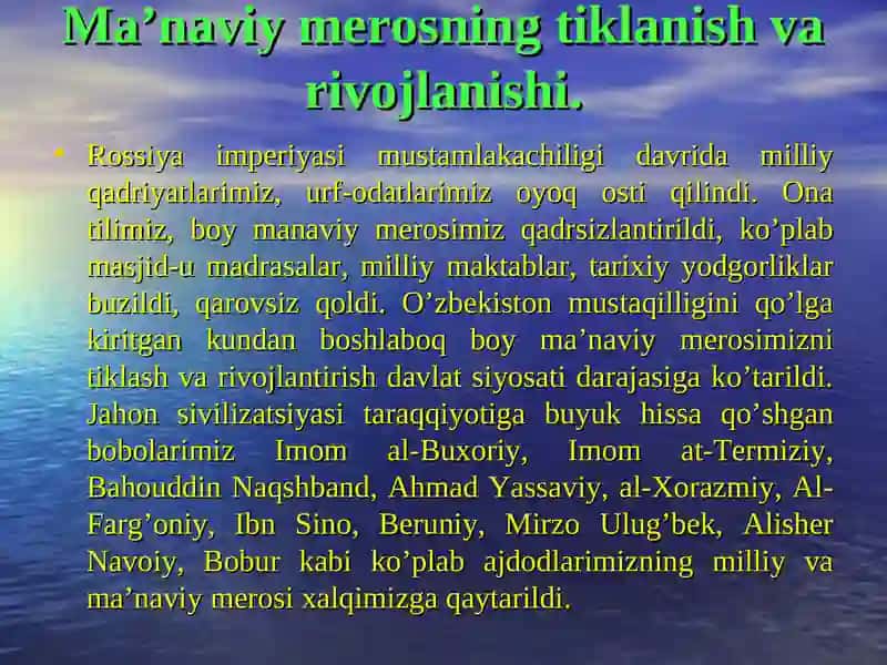 MUSTAQILLIK YILLARIDA O’ZBEKISTONDAGI MA’NAVIY VA MADANIY TARAQQIYOT 2