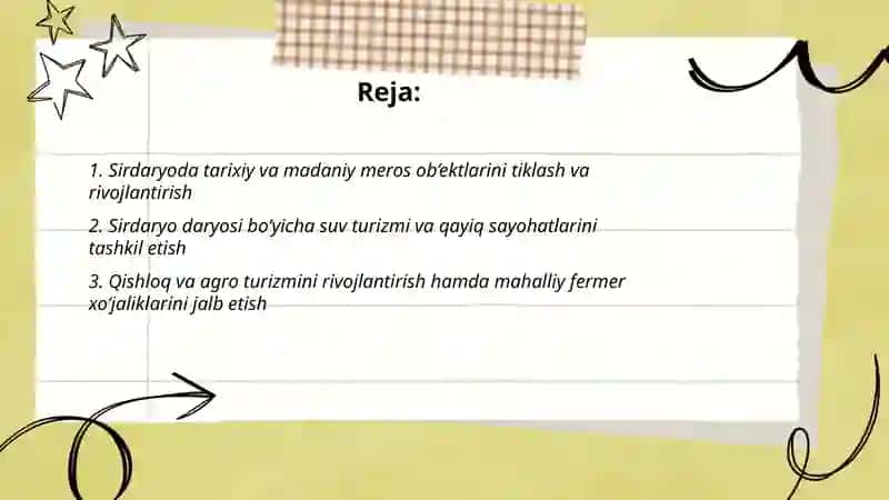 Sirdaryoda Turistik Salohiyatni Oshirish 2