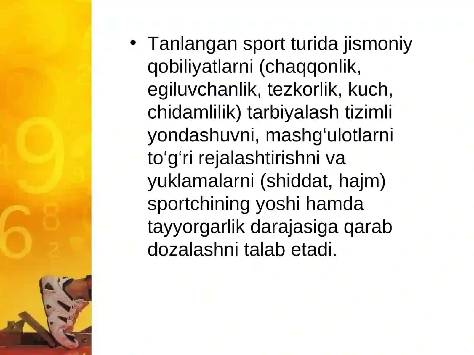 Tanlangan sport turida chaqqonlik, egiluvchanlik, tezkorlik, kuch, chidamlilik qobiliyatlarini tarbiyalash uslubiyati 2