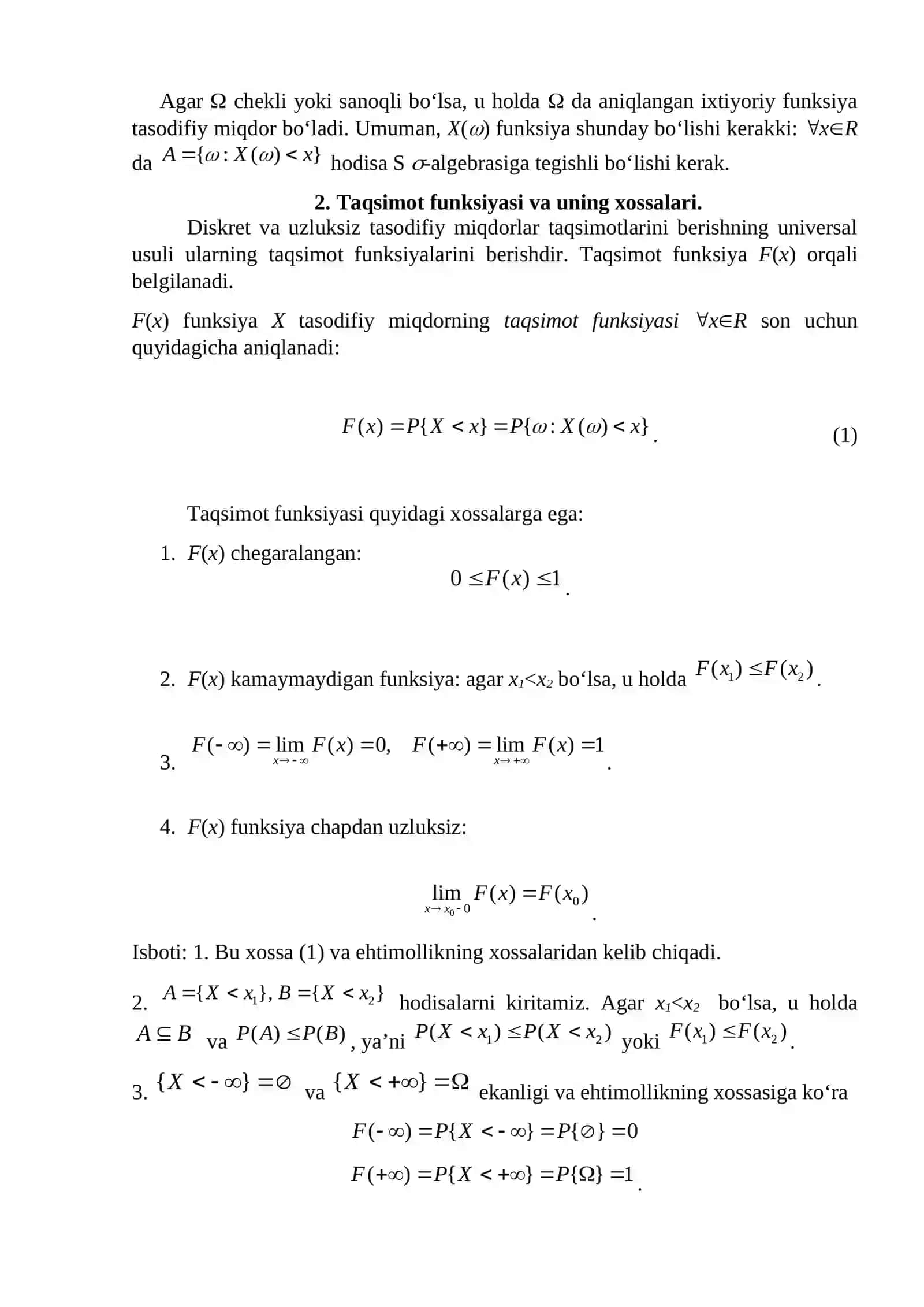 Tasоdifiy miqdоr va uning taqsimоt funksiyasi. Taqsimоt funksiyaning хоssalari. 2