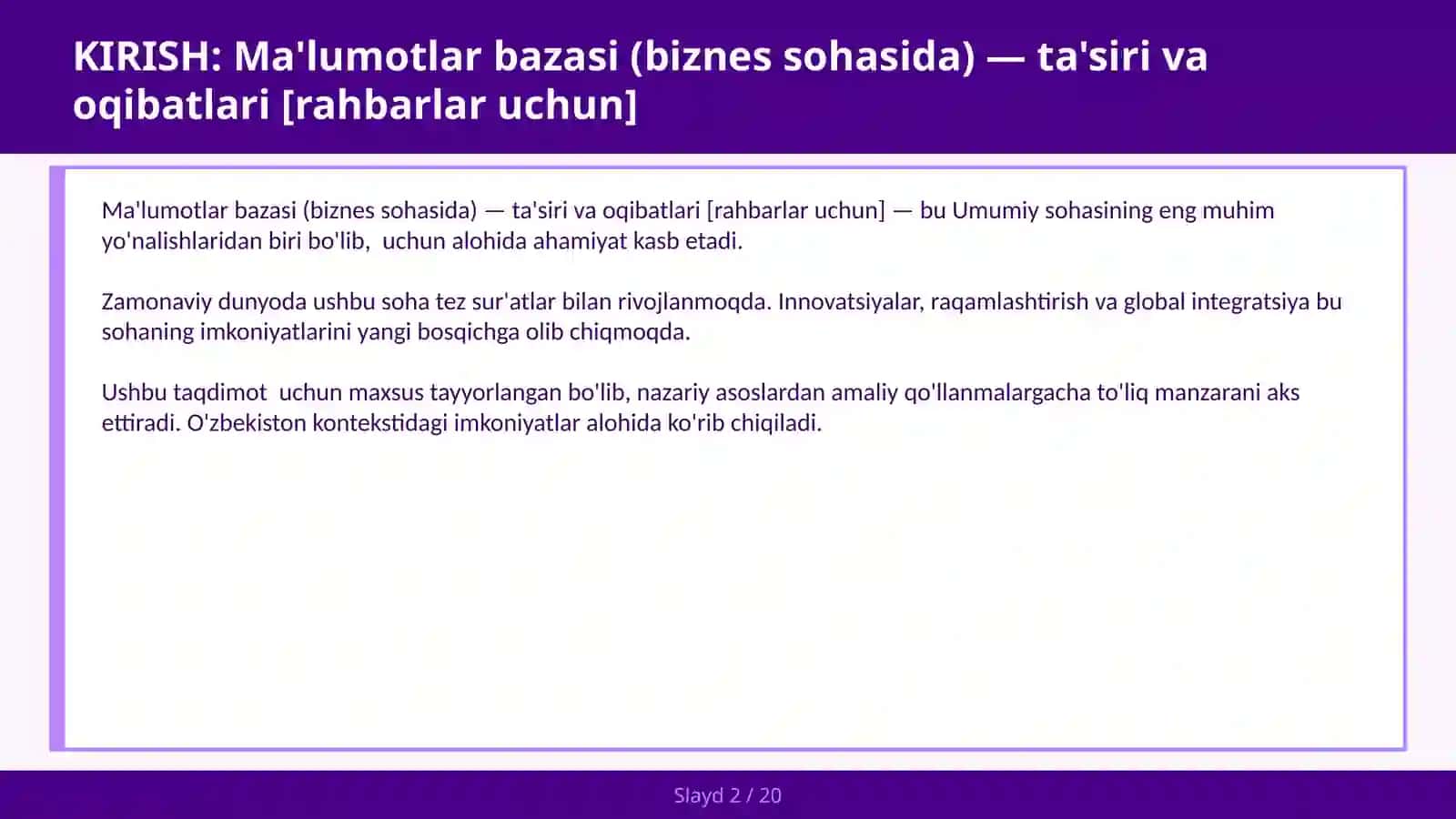 Ma'lumotlar bazasi (biznes sohasida) — ta'siri va oqibatlari [rahbarlar uchun] 2