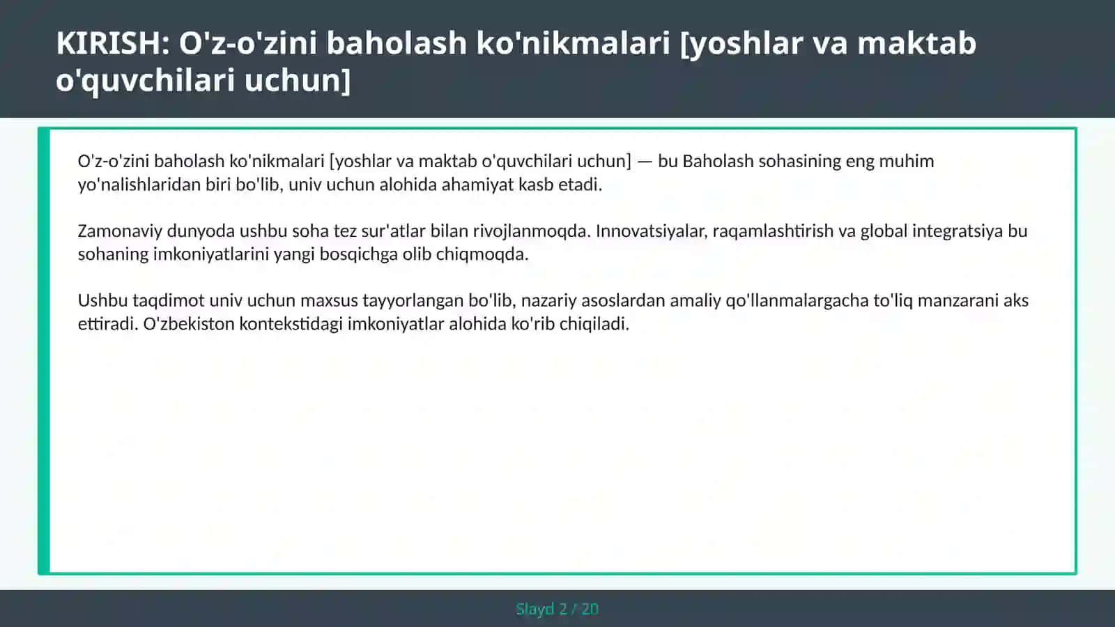 O'Z-O'ZINI BAHOLASH KO'NIKMALARI [YOSHLAR VA MAKTAB O'QUVCHILARI UCHUN] 2