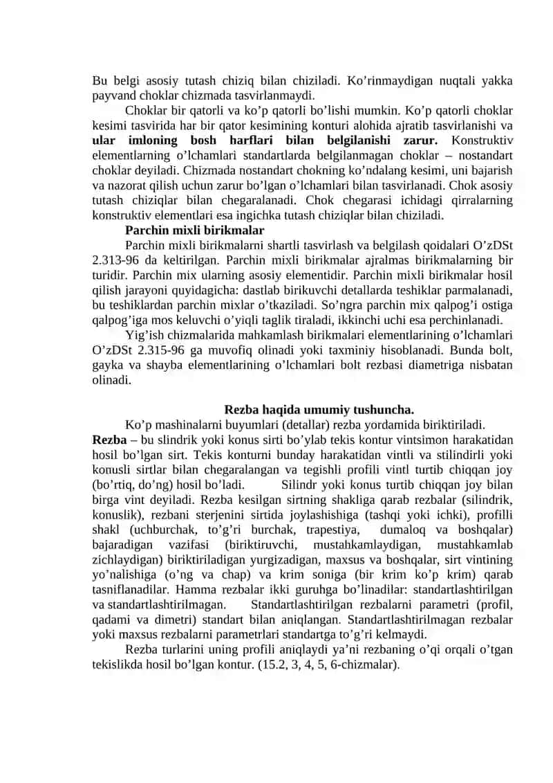 Rezbalarni chizmalarda  tasvirlanshi va belgilanishi O’z.DST 2.311-97.Standart biriktirish detallari. Rezbali detallar chizish.Chizmada tasvirlash va belgilash 2