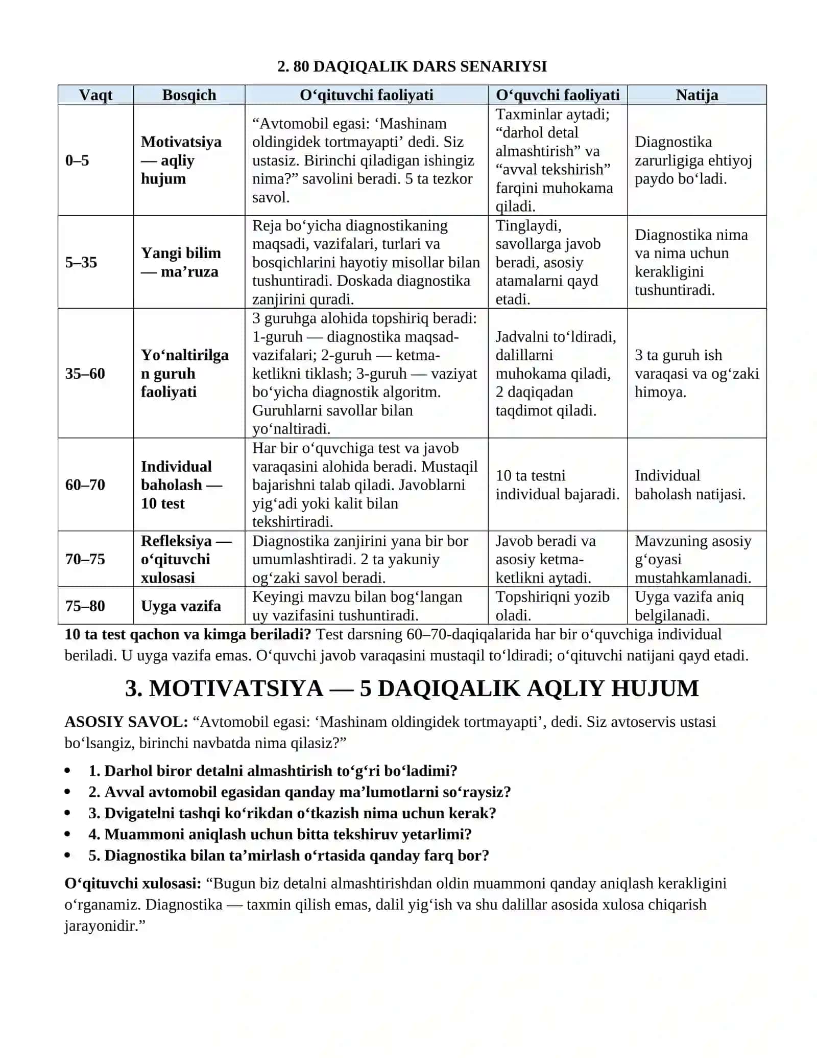 KM.1 — AVTOMOBIL DVIGATELLARINI TASHXISLASH MODULLI DARS PAKETI 2