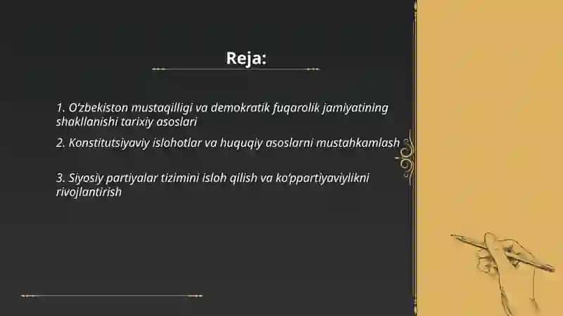 O‘ZBEKISTONDA DEMOKRATIK, FUQAROLIK JAMIYATI ASOSLARINING SHAKLLANISHI, AMALGA OSHIRILGAN SIYOSIY ISLOHOTLAR 2