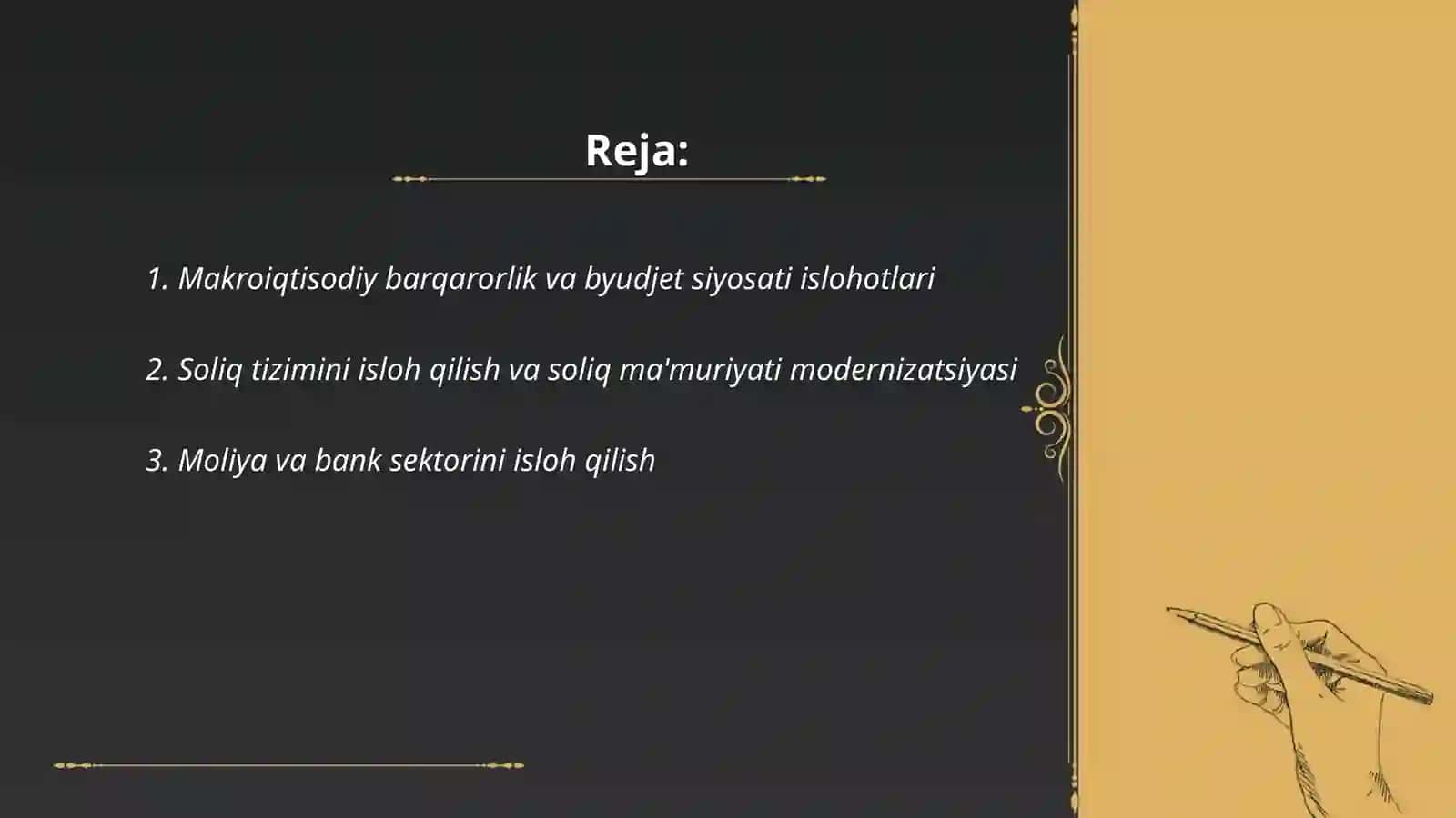 Oʻzbekiston respublikasi prezidenti Sh. M. Mirziyoyevning keng koʻlamli iqtisodiy islohotlari va uning mazmuni 2