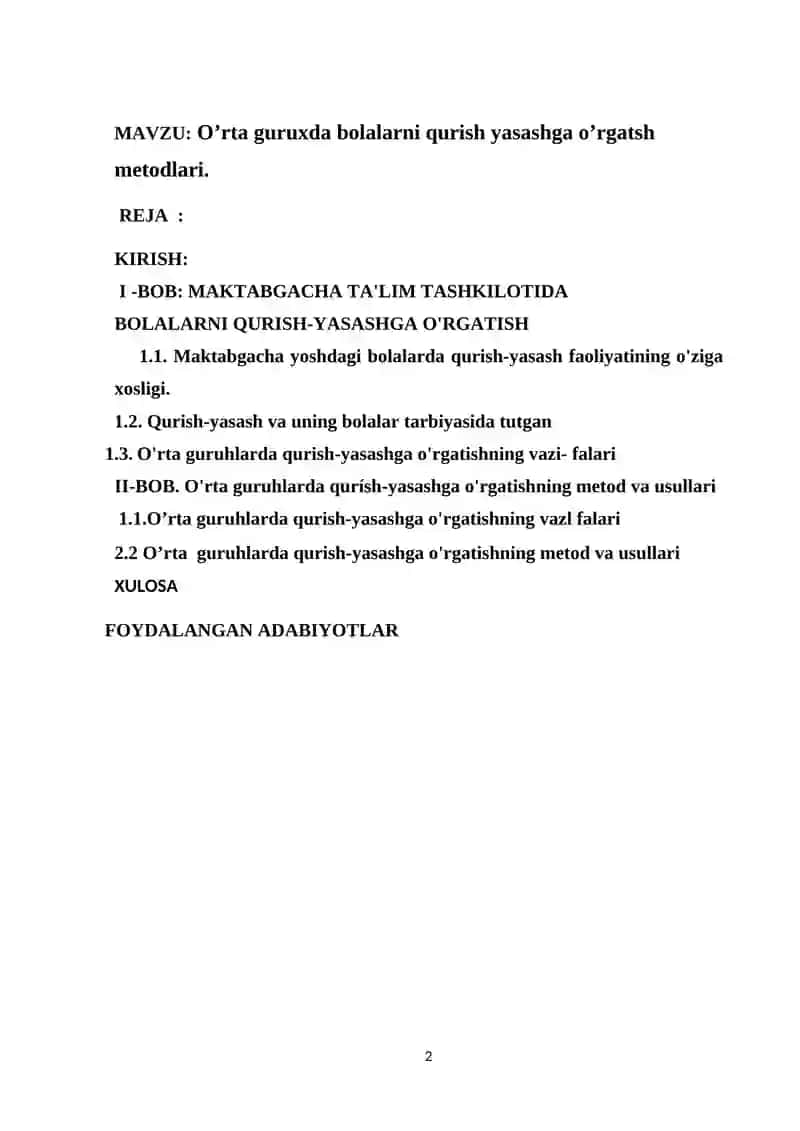 O’rta guruxda bolalarni qurish yasashga o’rgatish metodlari 2