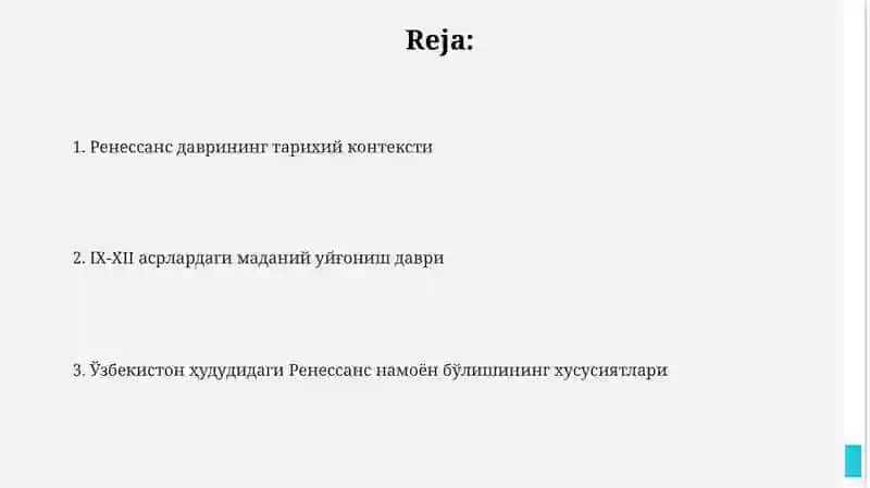 IX-Xll-asrlarda mamlakatimiz hududida roʻy bergan madaniy uygʻonish davri Renessans 2