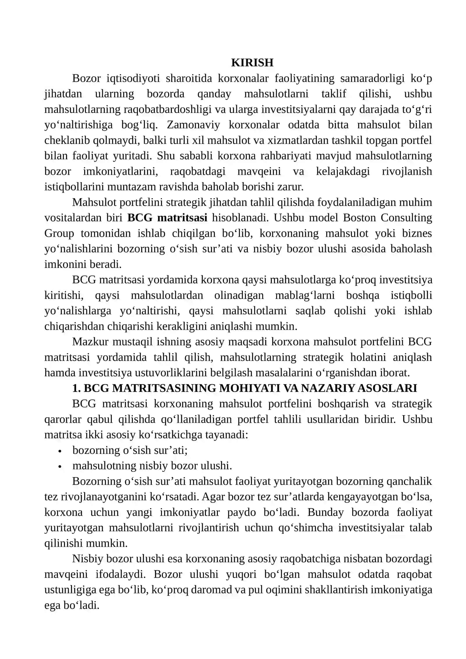 Korxona Mahsulot Portfelini BCG Matritsasi Yordamida Tahlil Qilish va Investitsiya Ustuvorliklarini Belgilash 2