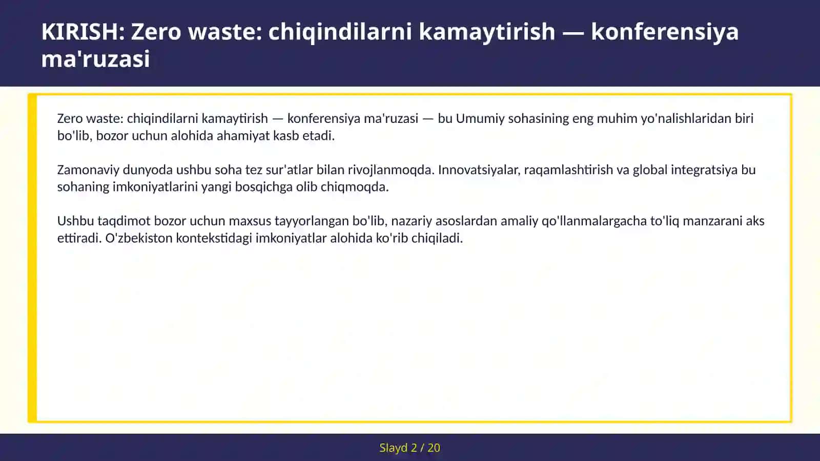 Zero waste: chiqindilarni kamaytirish — konferensiya ma'ruzasi 2