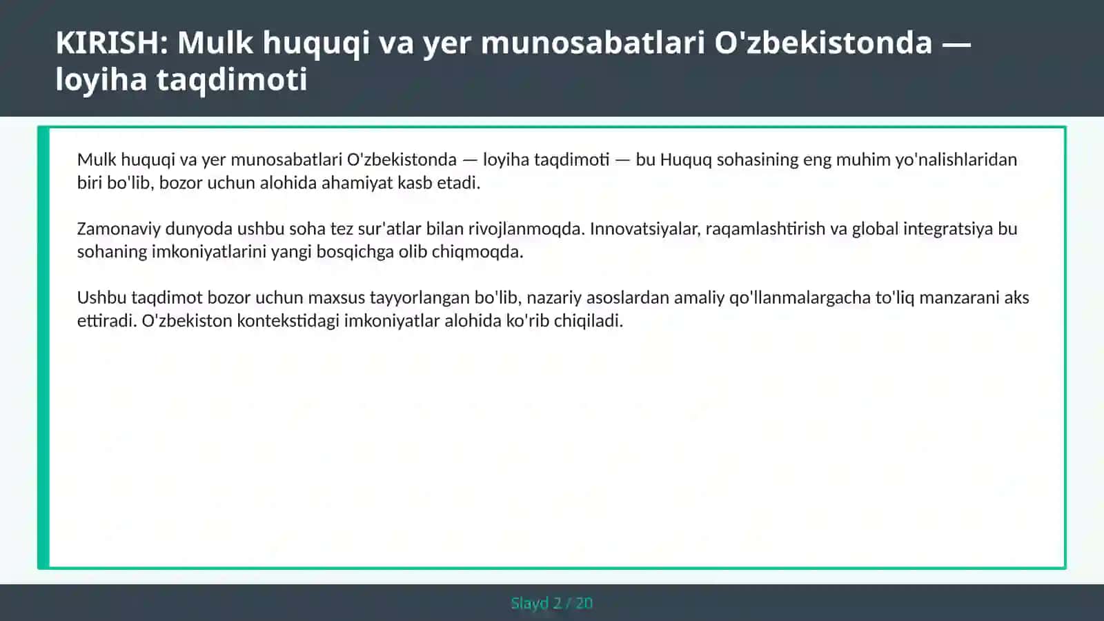 Mulk huquqi va yer munosabatlari O'zbekistonda — loyiha taqdimoti 2