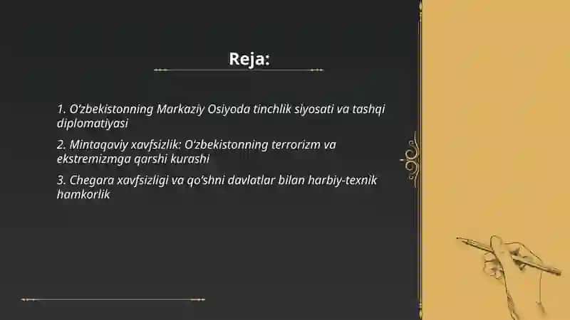 Oʻzbekistonning Markaziy Osiyoda tinchlik va barqarorlikni ta minlashdagi oʻrni 2