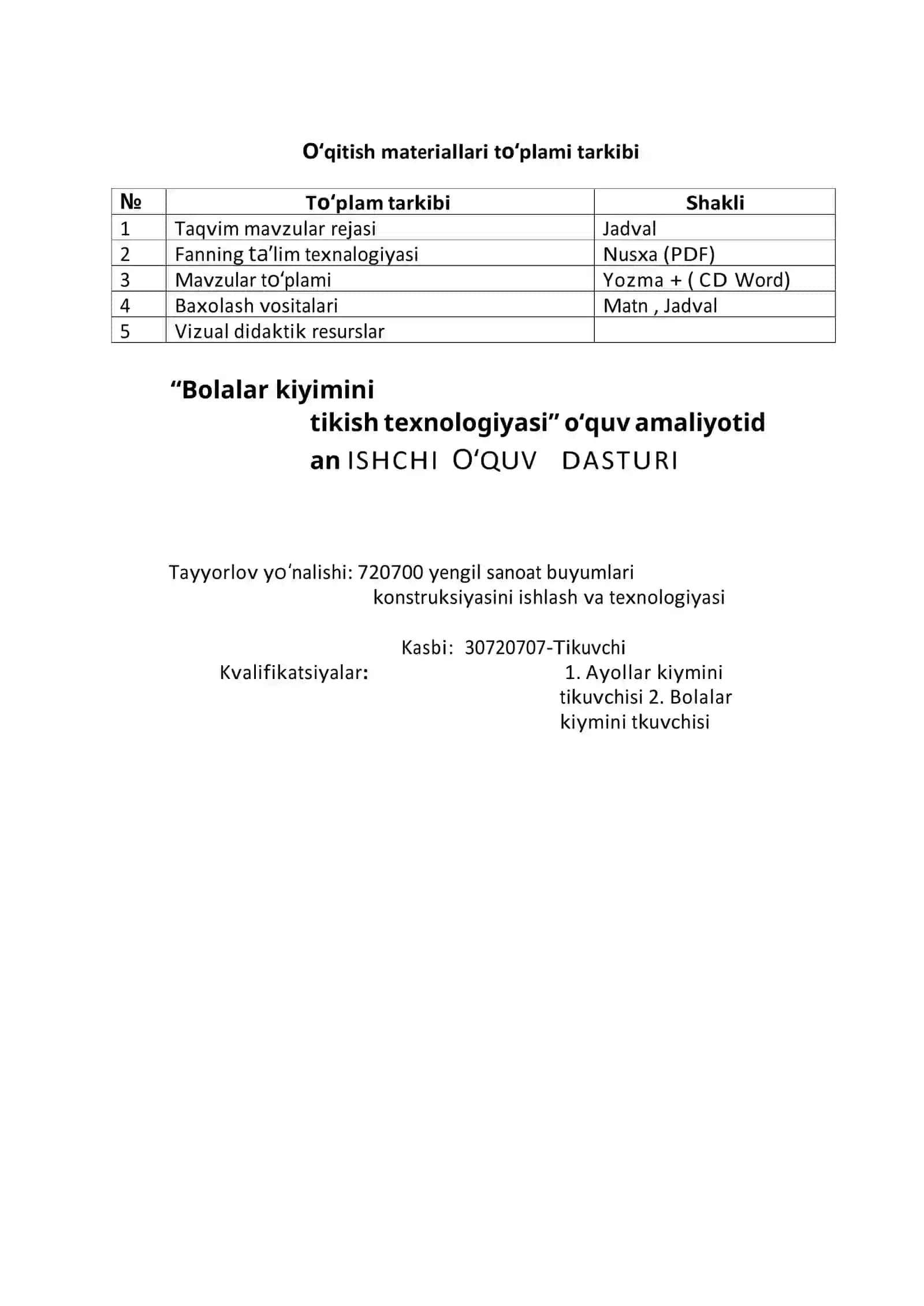 “Bolalar kiyimini tikishtexnologiyasi”o‘quv amaliyotidan  O’QITISH MATERIALLARI TO’PLAMI 2