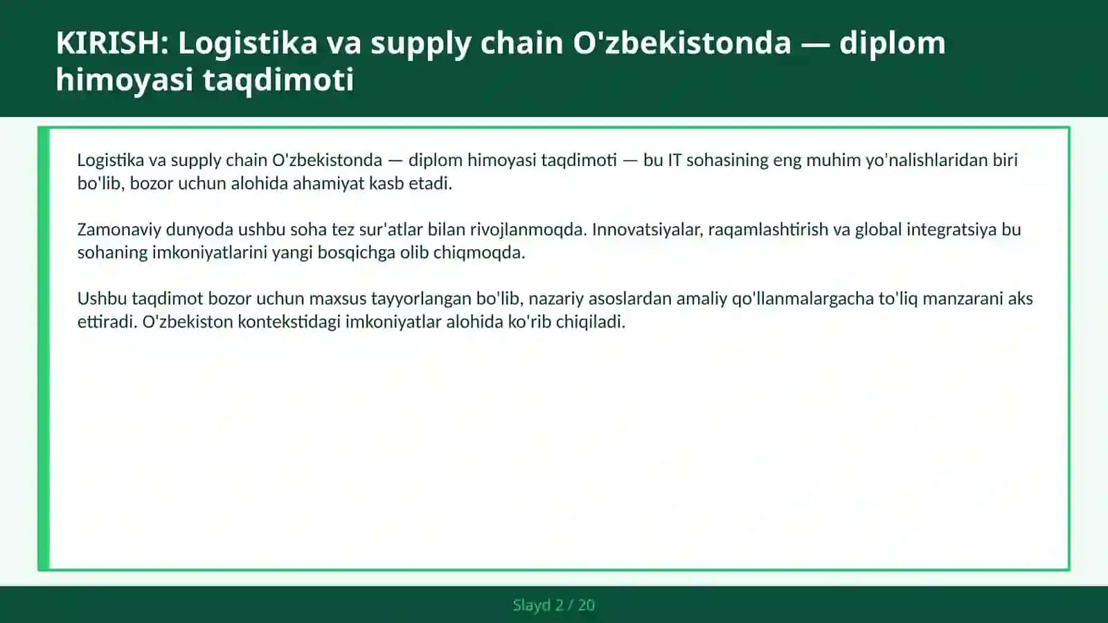 Logistika va Supply Chain O'zbekistonda — Diplom Himoyasi Taqdimoti 2