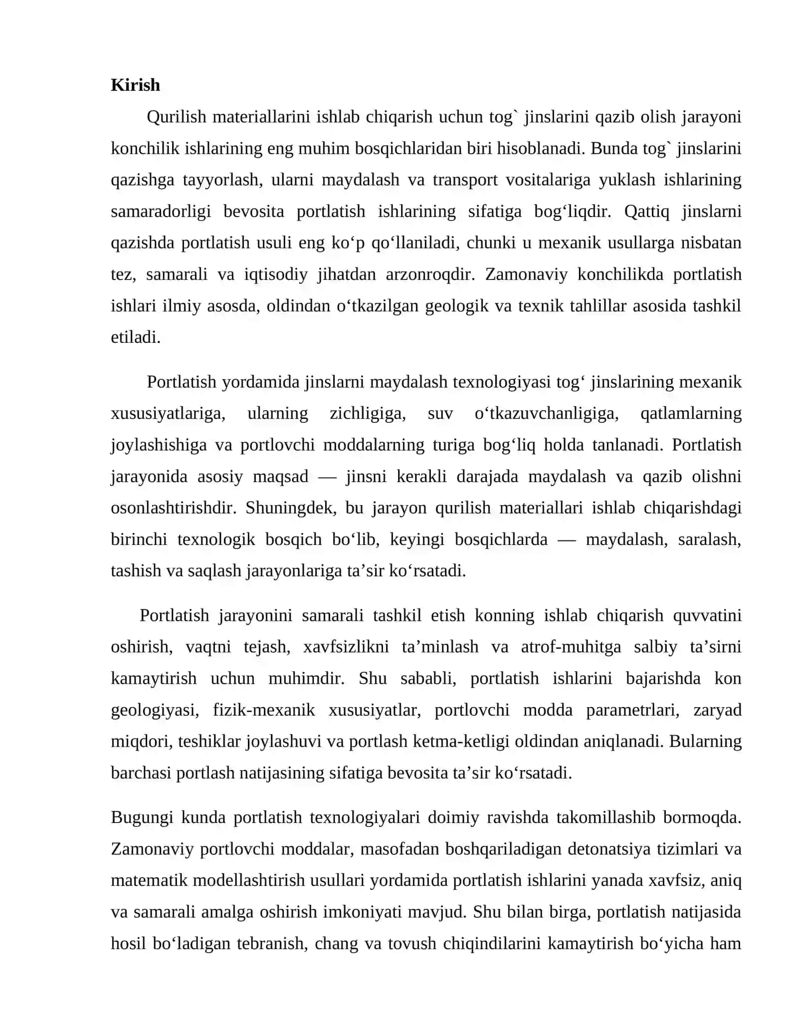 Qurilish tog` jinslari konlarida portlatish yordamida tog` jinslarini qazishga tayyorlash 2