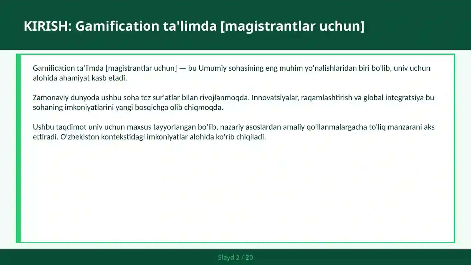 GAMIFICATION TA'LIMDA [MAGISTRANTLAR UCHUN] 2