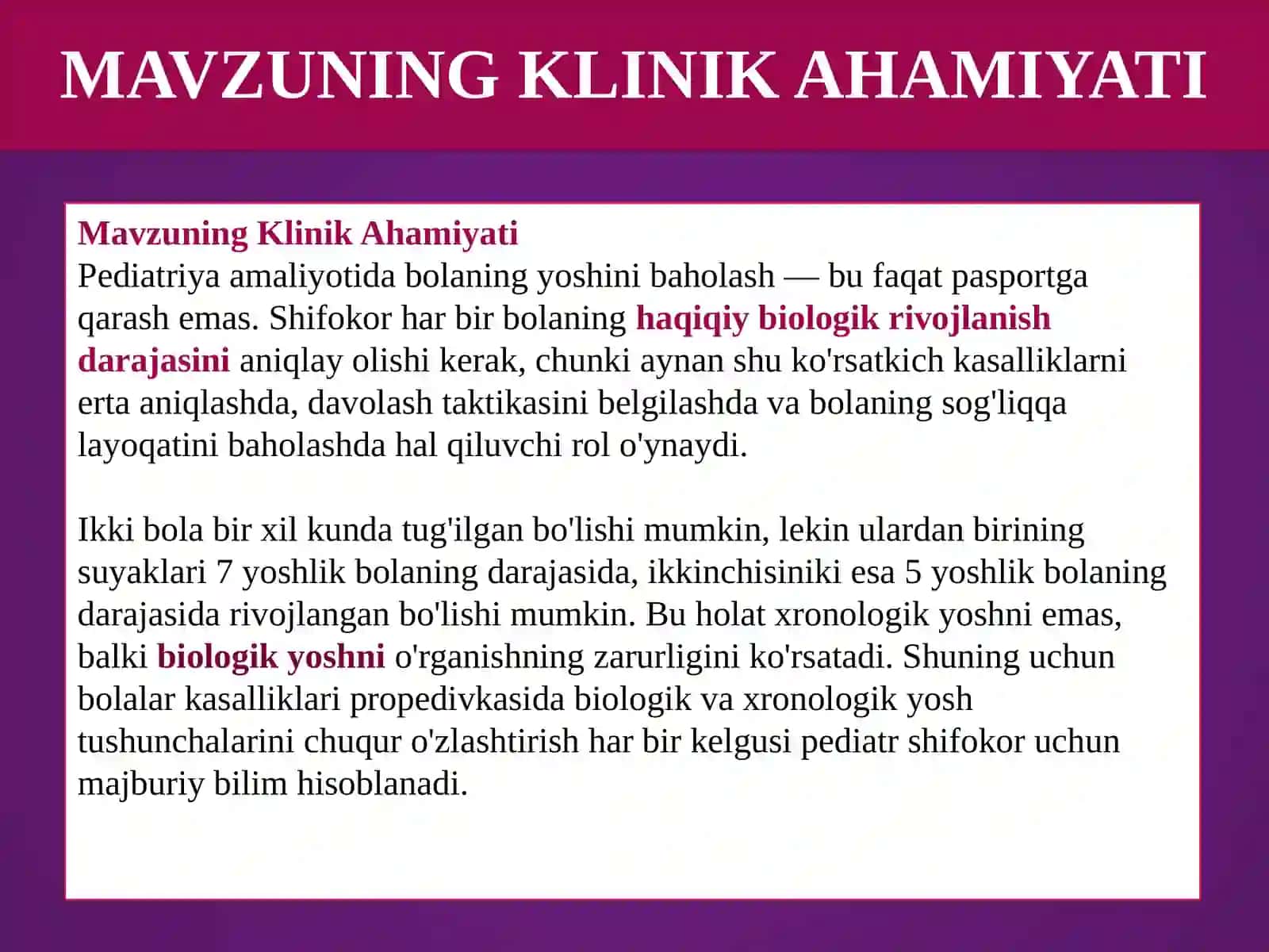 Bolalarni biologik va xronologik yoshini aniqlash taqdimot 2