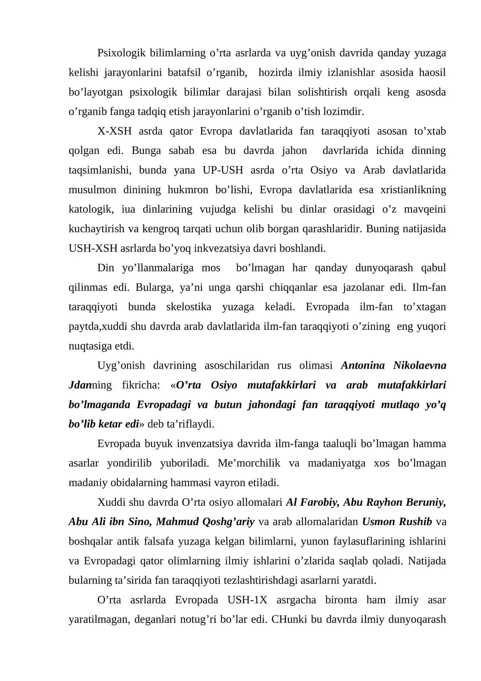 Psixologik bilimlarning o’rta asrlarda va uyg’onish davrida rivojlanishi 2