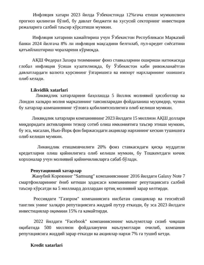 Moliyaviy risklar tavsifi va tasnifi 2