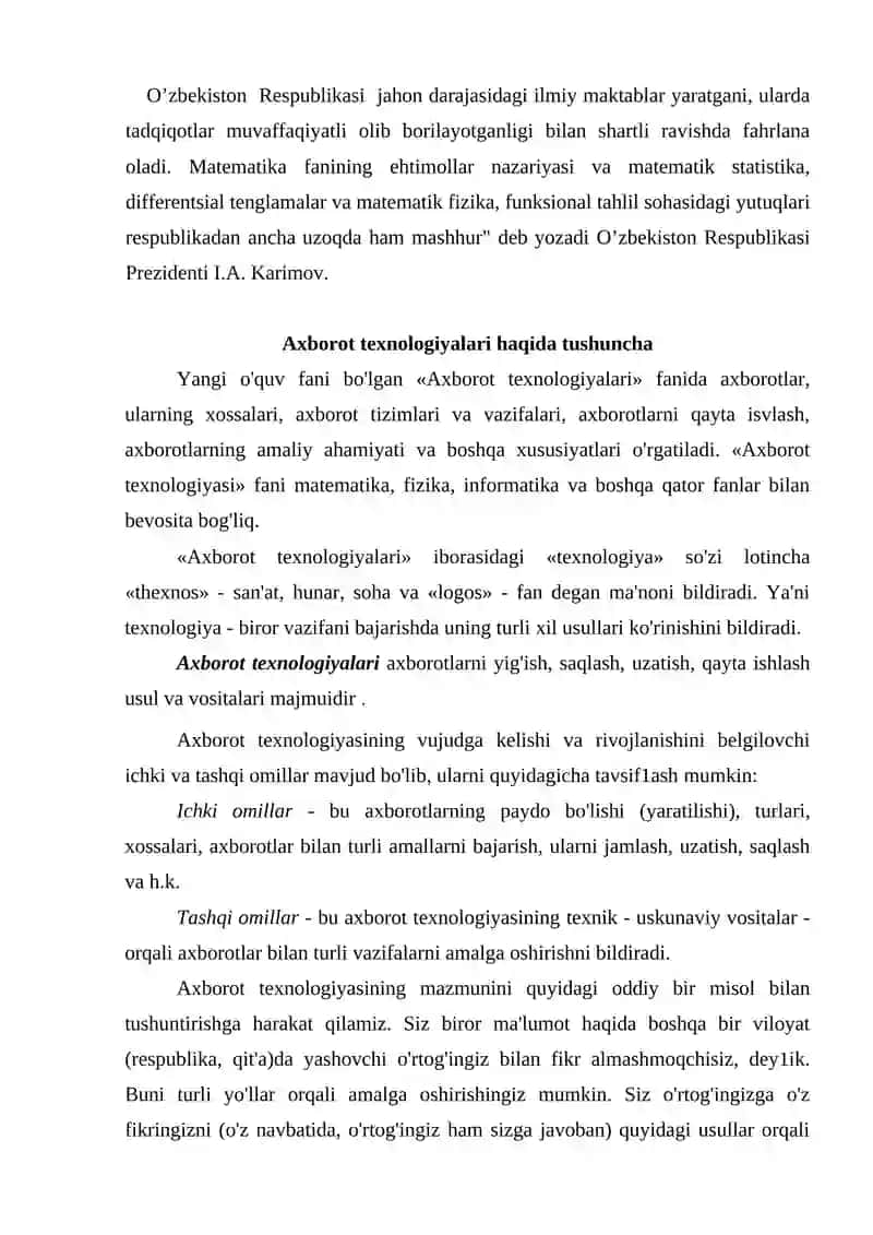 KIMYOVIY INJINERING UCHUN AXBOROT TEXNOLOGIYALARI TUSHUNCHASI VA MOHIYATI 2