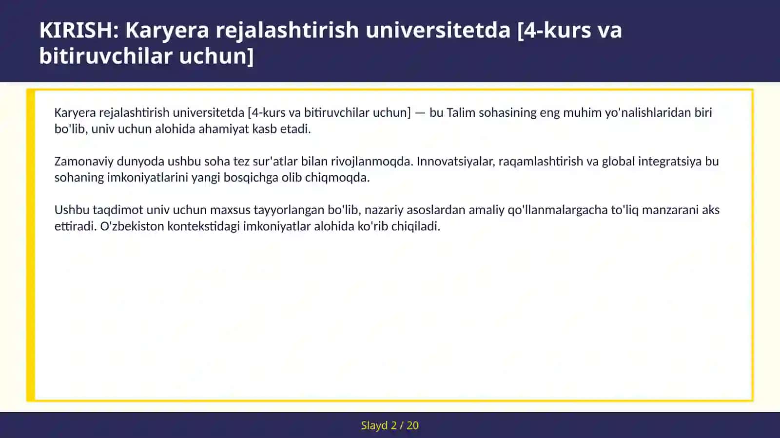 Karyera rejalashtirish universitetda [4-kurs va bitiruvchilar uchun] 2