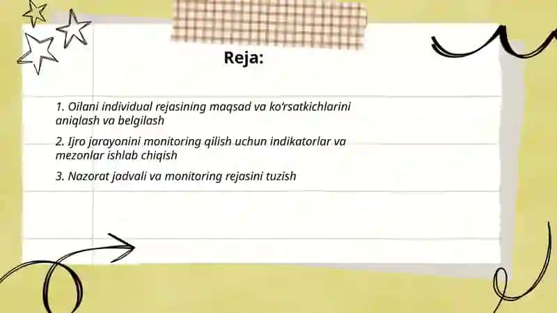 Oilani individual rejasini ijrosini nazorat etish, qayta baholash, monitoringini olib borish va yakunlash 2