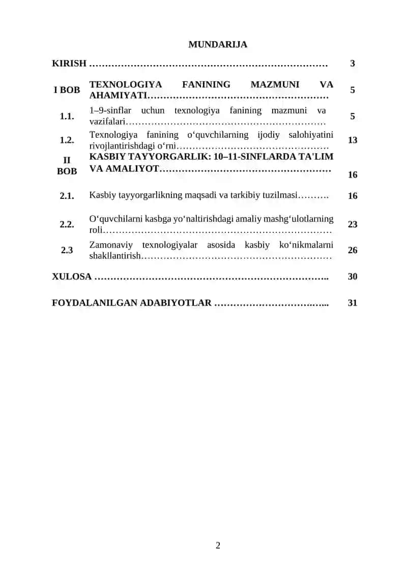 1-9 sinflarda Texnologiya fani mazmuni va 10-11 sinflarda Kasbiy tayyorgarlik 2