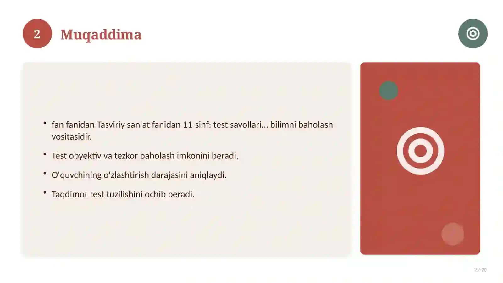 Tasviriy san'at fanidan 11-sinf: test savollari to'plami 2