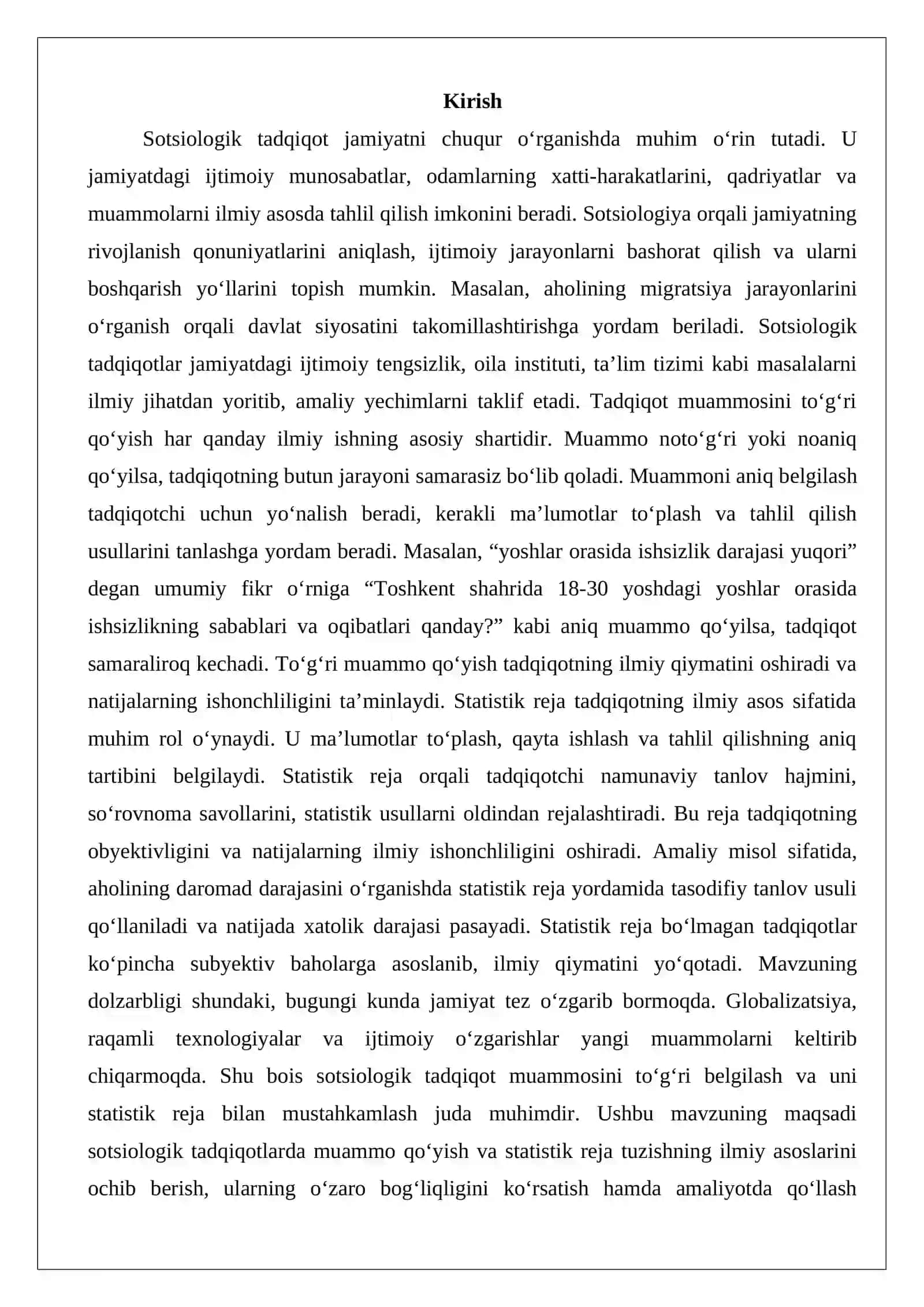 Sotsiologik tadqiqot muammosi va statistik rejasini asoslash 2