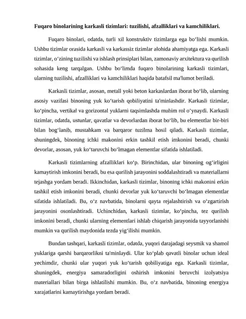 Fuqaro binolari karkasli va karkassiz tizimlari. 2