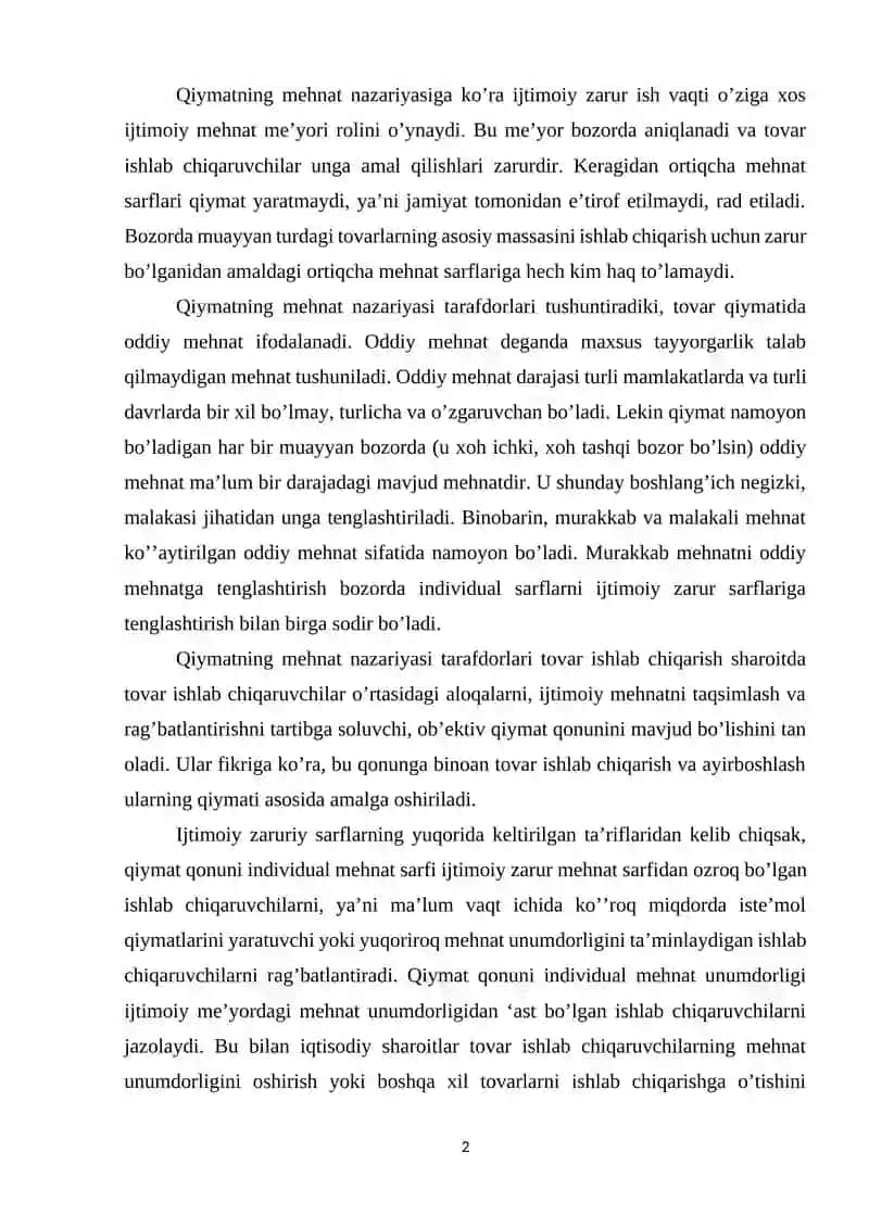 Qiymatning mehnat nazariyasi va keyingi qo’shilgan miqdor nafliligi nazariyasi 2