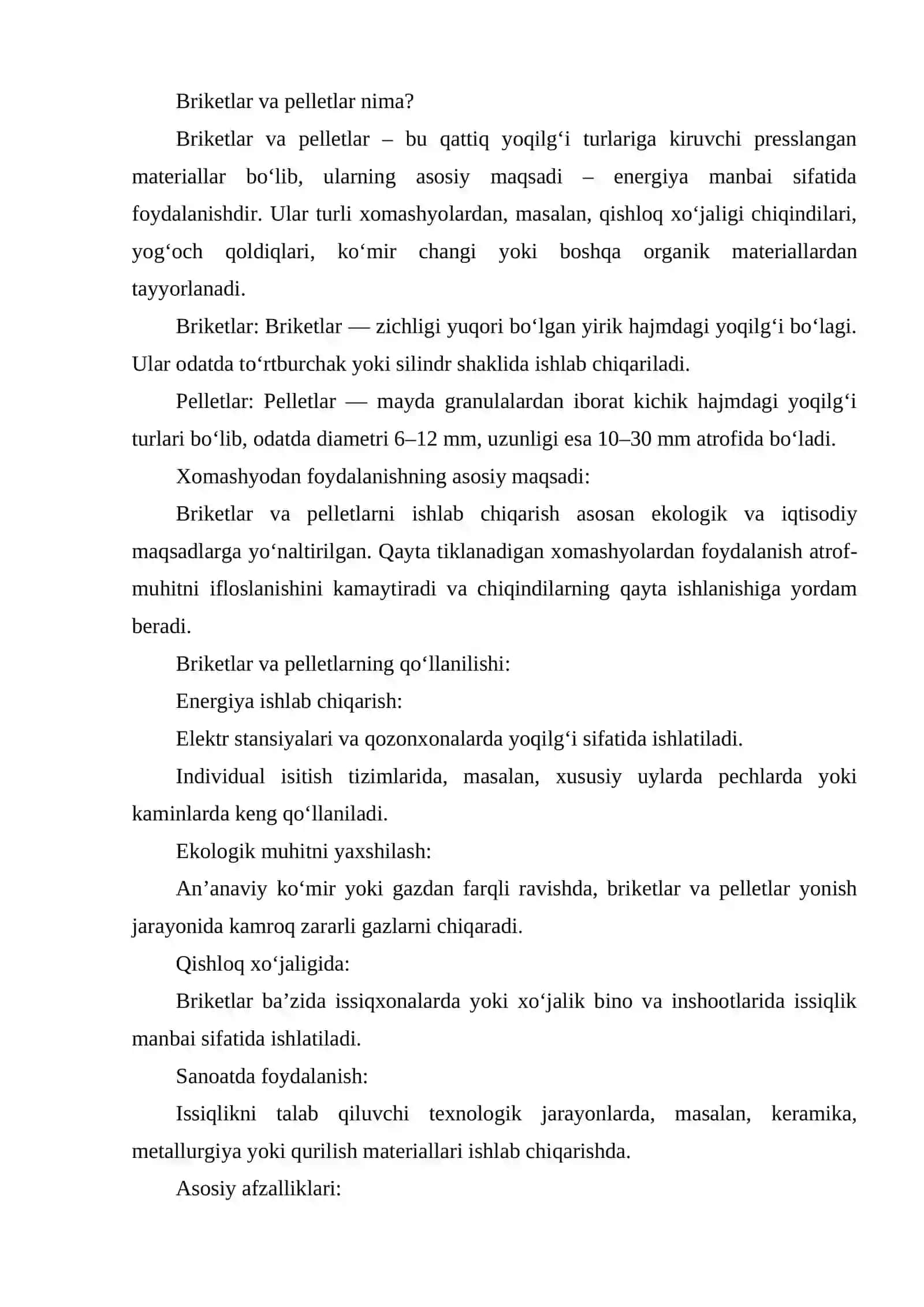 BRIKETLAR VA PELLETLAR OLISH TEXNOLOGIYALARI 2