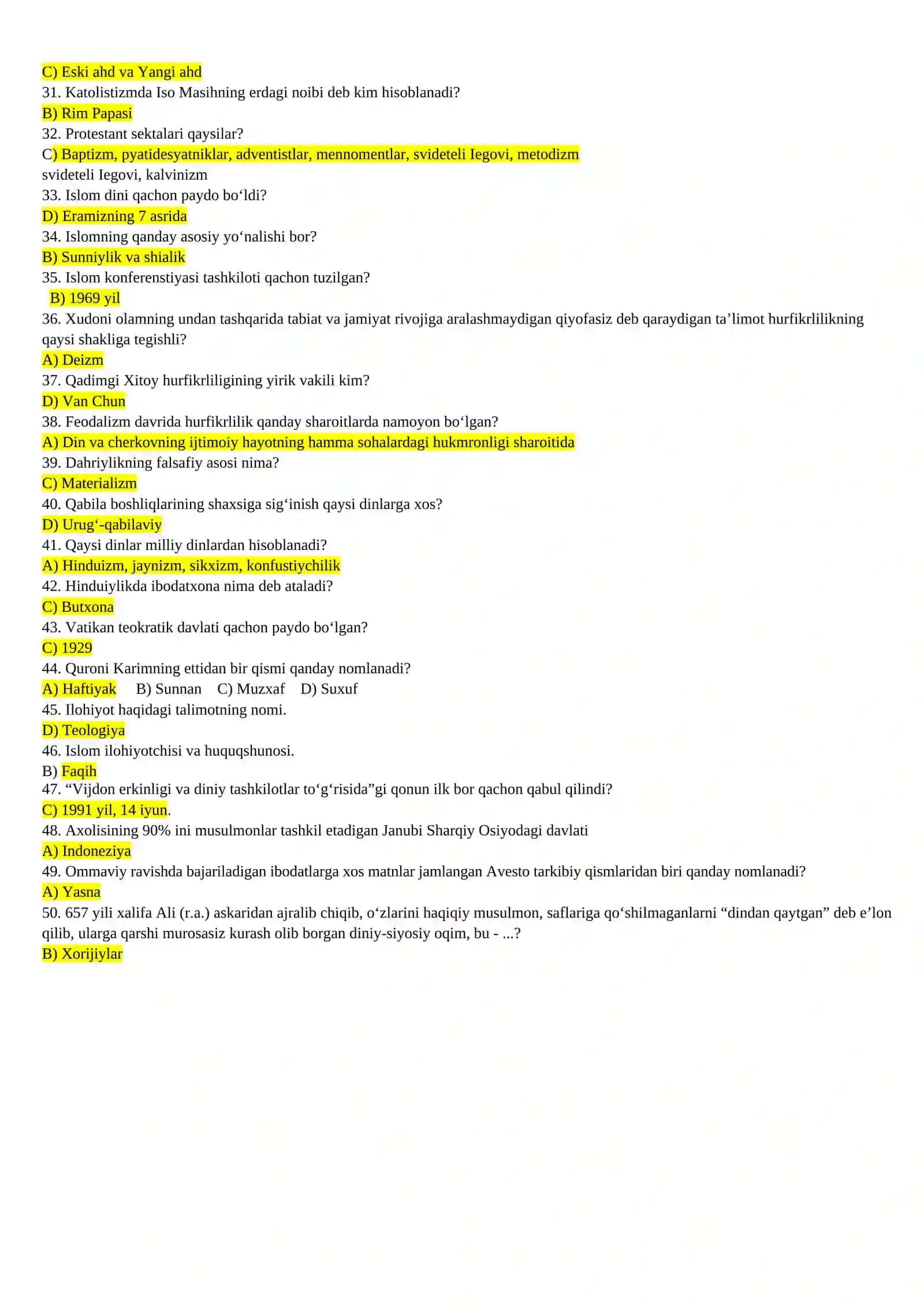 DINSHUNOSLIK ASOSLARI fanidan testlar to'plami 2