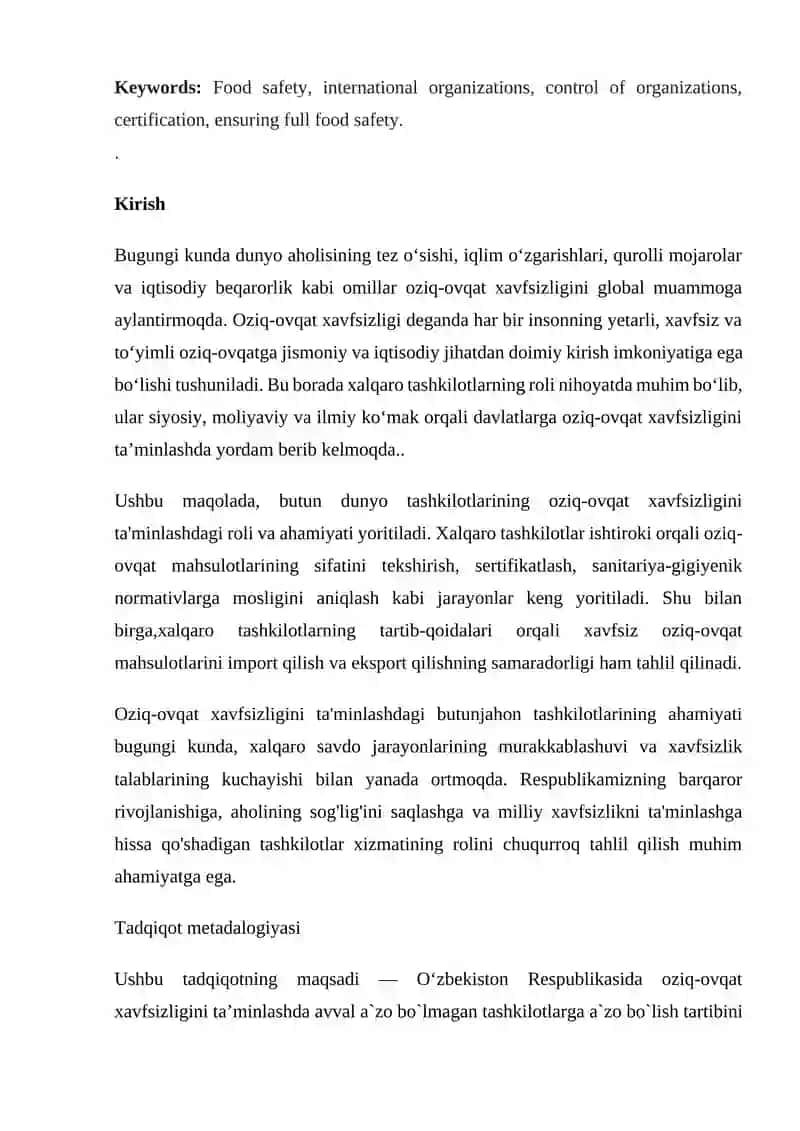 Oziq-ovqat xavfsizligini ta'minlashda, xalqaro tashkilotlarni tutgan o’rni 2