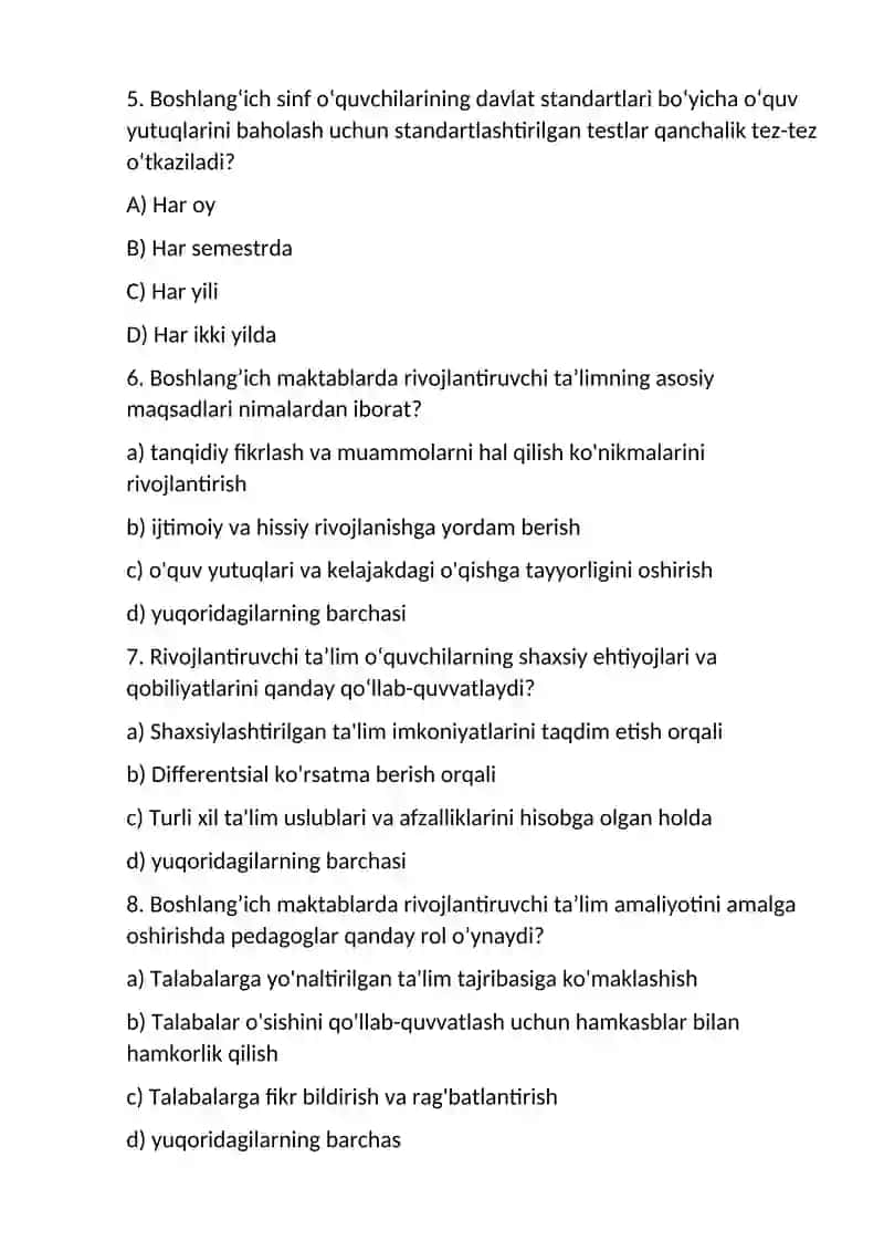 Davlat standartlari bo‘yicha boshlang‘ich sinf o‘qituvchilari uchun eng kam ta’lim malakalari 2