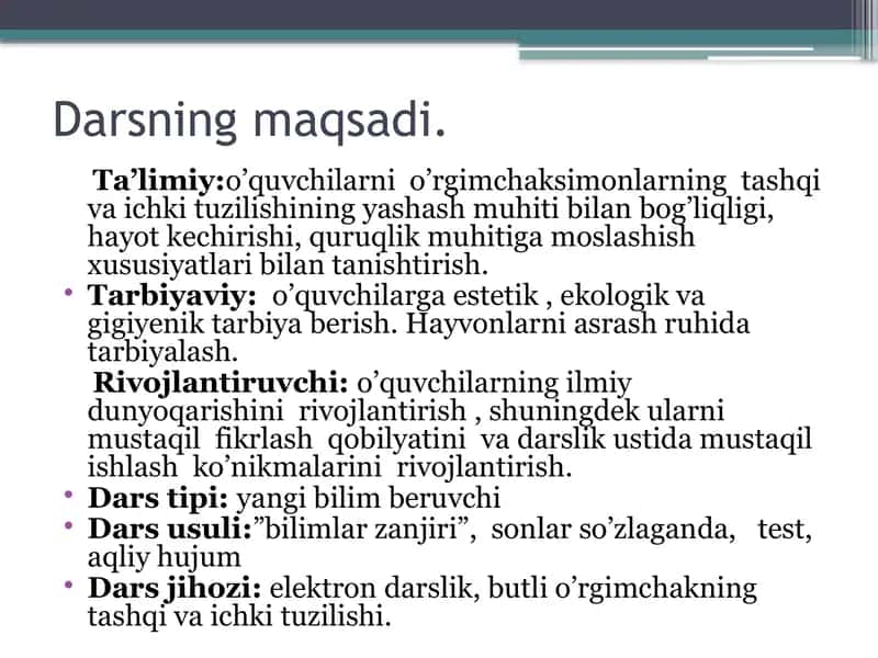 Biologiya fani o'qituvchisi Feruza Muxtorova namunali dars ishlanmasi 2