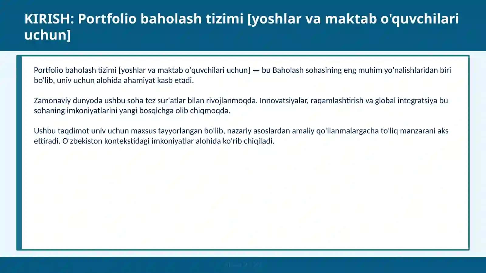 Portfolio baholash tizimi [yoshlar va maktab o'quvchilari uchun] 2