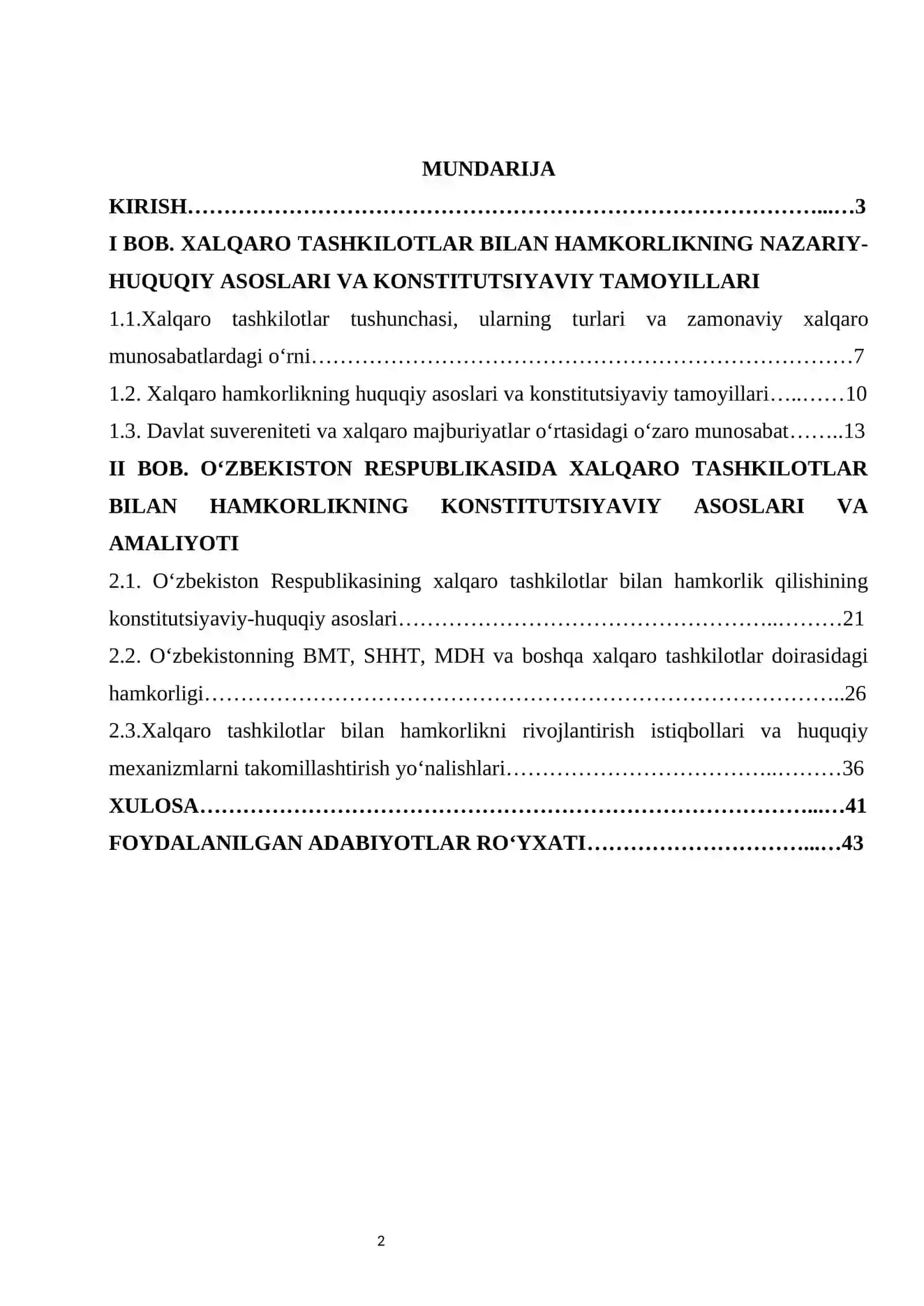 Xalqaro tashkilotlar bilan hamkorlikning konstitutsiyaviy asoslari kurs ishi 2