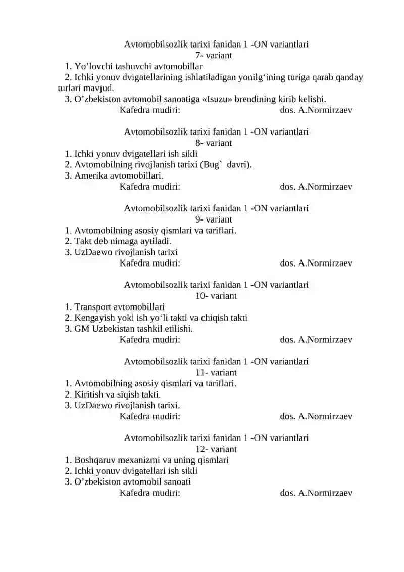 Avtomobilsozlik tarixi fanidan 1 -ON variantlari 2