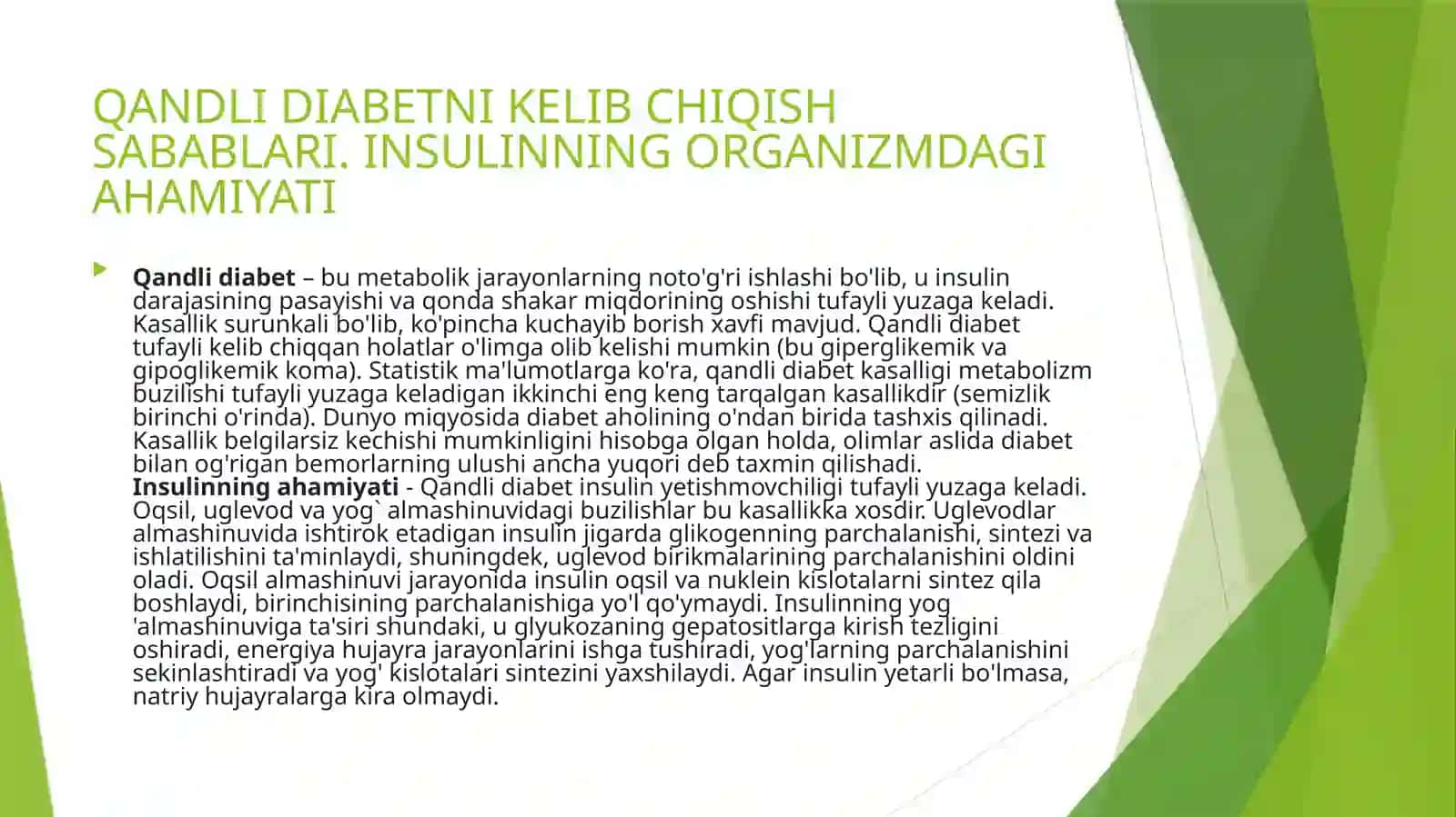 QANDLI DIABED VA OCHLIKDA KETONURIYA VA KETONEMIYA. SFINGOLIPIDOZALAR. DISLIPOPROTENIMIYA 2
