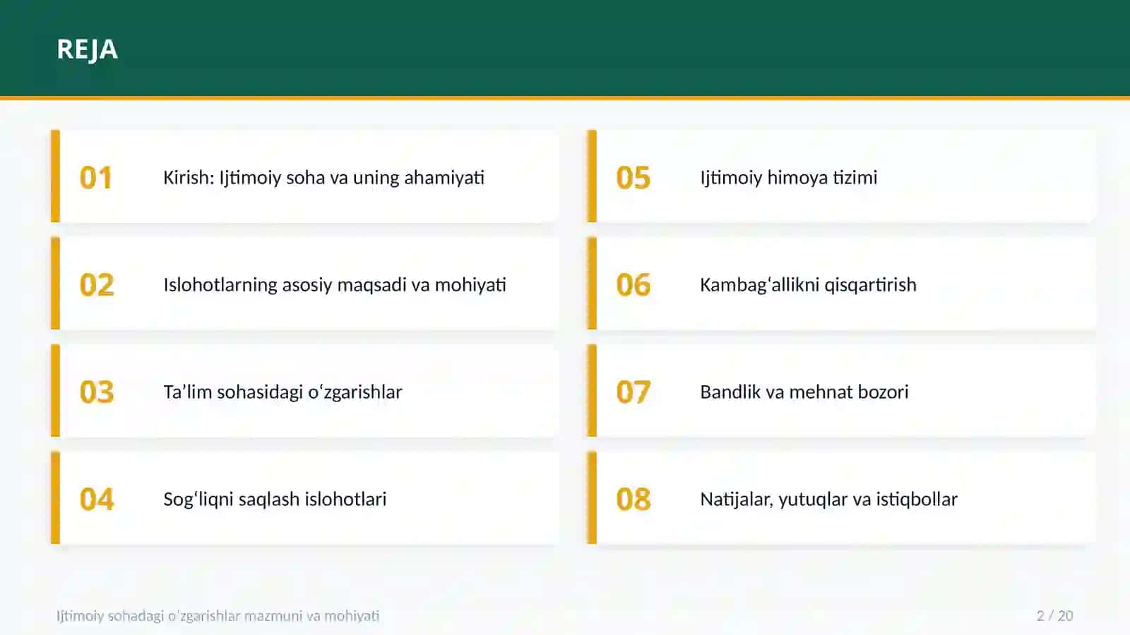 O‘ZBEKISTONDA IJTIMOIY SOHADA AMALGA OSHIRILAYOTGAN O‘ZGARISHLAR MAZMUNI VA MOHIYATI 2