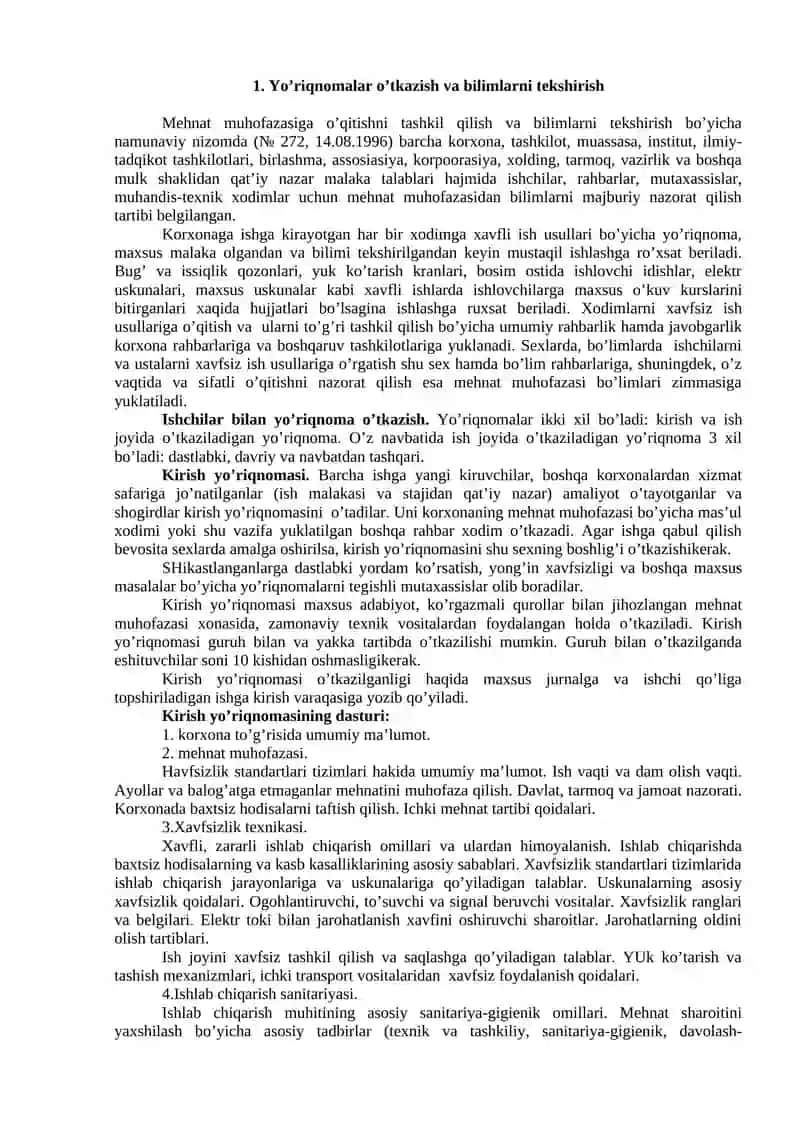 Mehnatni muhofazasi bo'yicha o'qishlarni tashkil qilish bilimlari 2