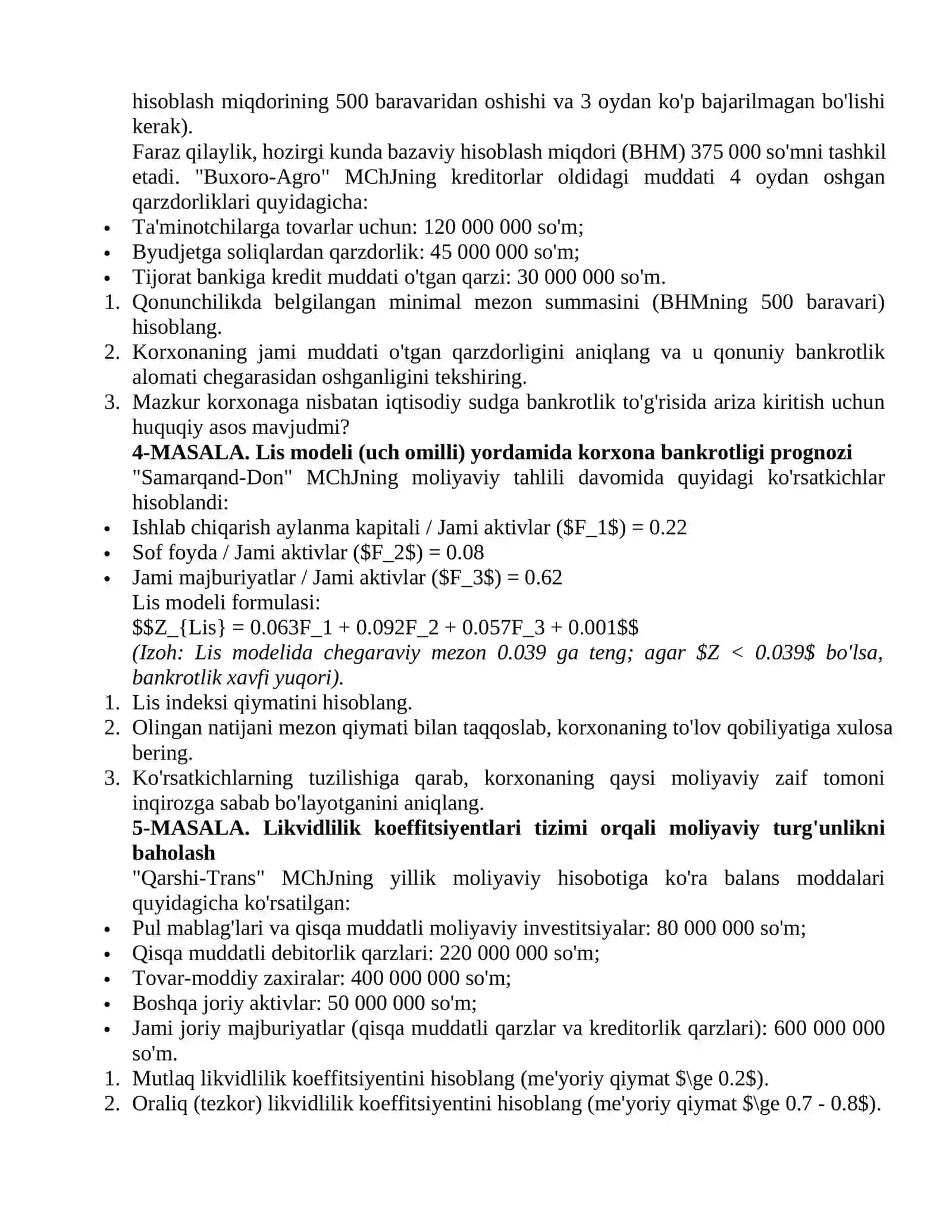 Altman besh omilli modeli (Z-score) asosida korxona bankrotligi ehtimolini baholash 2