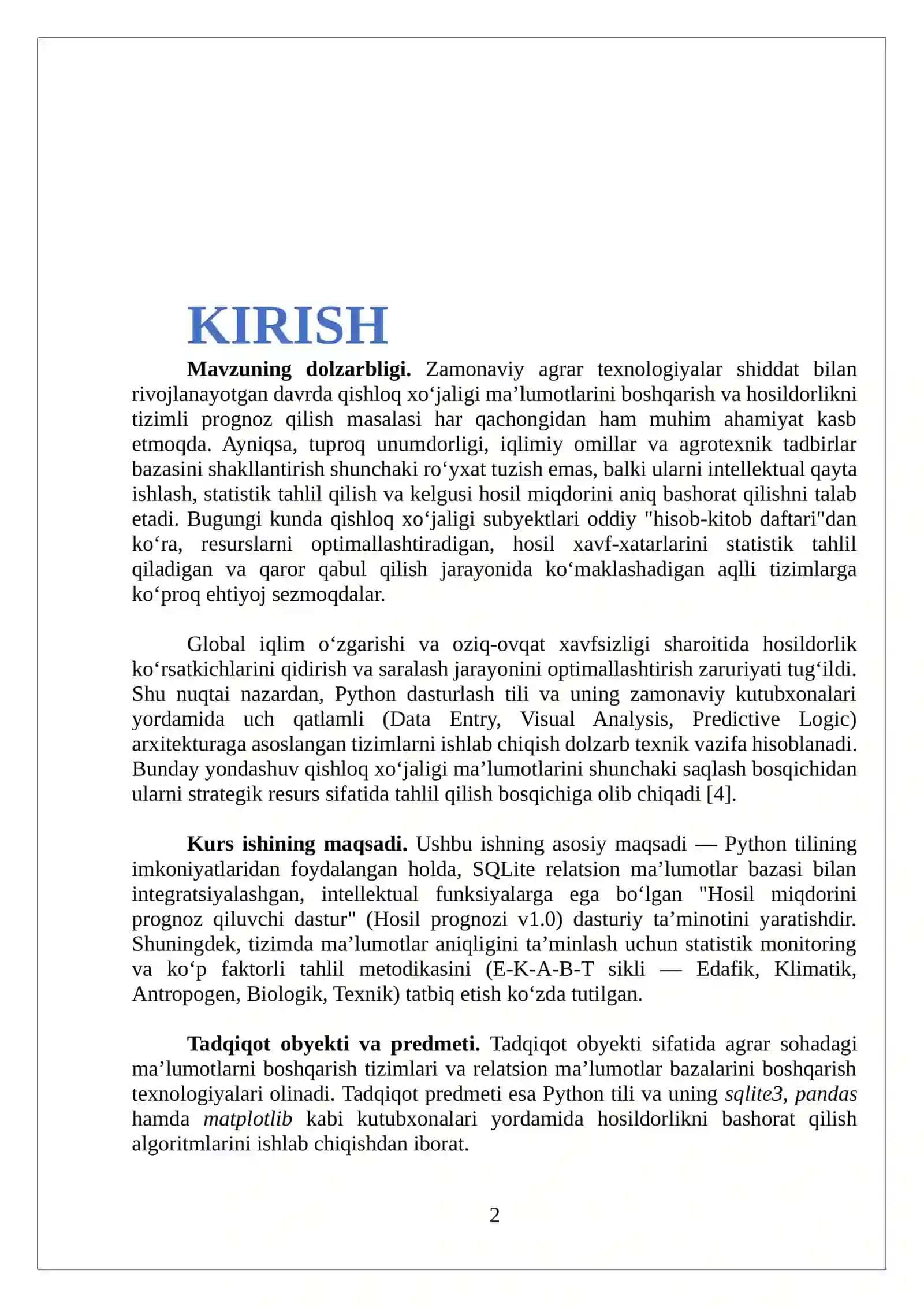QISHLOQ XO‘JALIGI SOHASIDA RAQAMLI TEXNOLOGIYALAR VA PROGNOZLASHTIRISH ASOSLARI 2